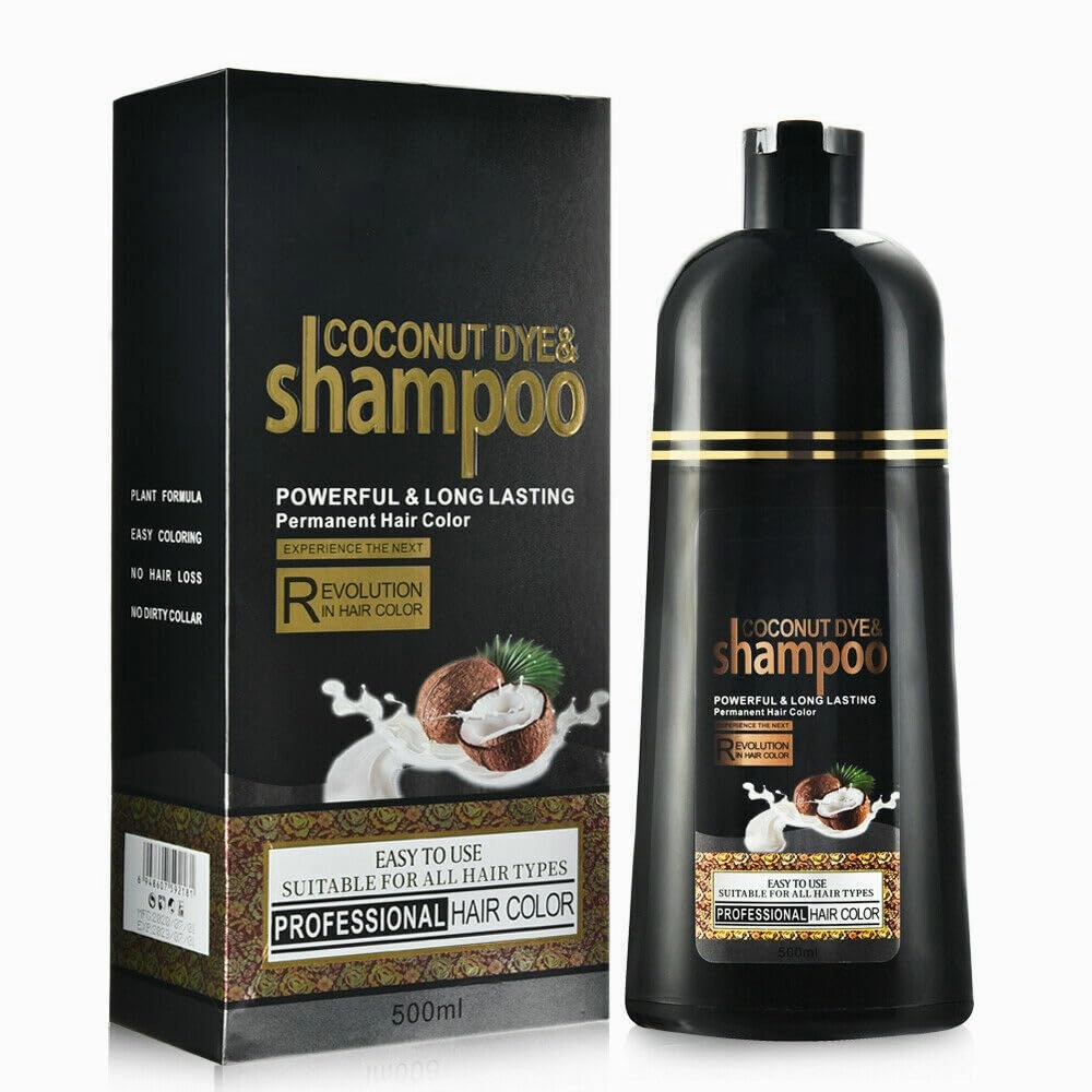 Coconut Hair Color Shampoo for Dark Hair - Instant Herbal Hair Dye 3 in 1 for Women & Men, 500ml. Easy to Use & Long Lasting (Black)