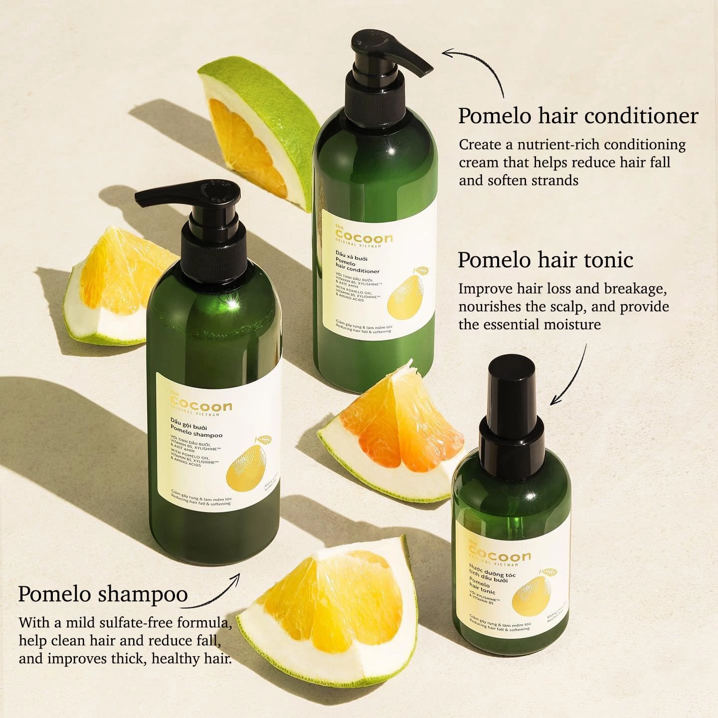 Cocoon Hair Repair Set (SAVE 25%): Pomelo Tonic (4.7 fl oz), Shampoo (10.4 fl oz), and Conditioner (10.4 fl oz)