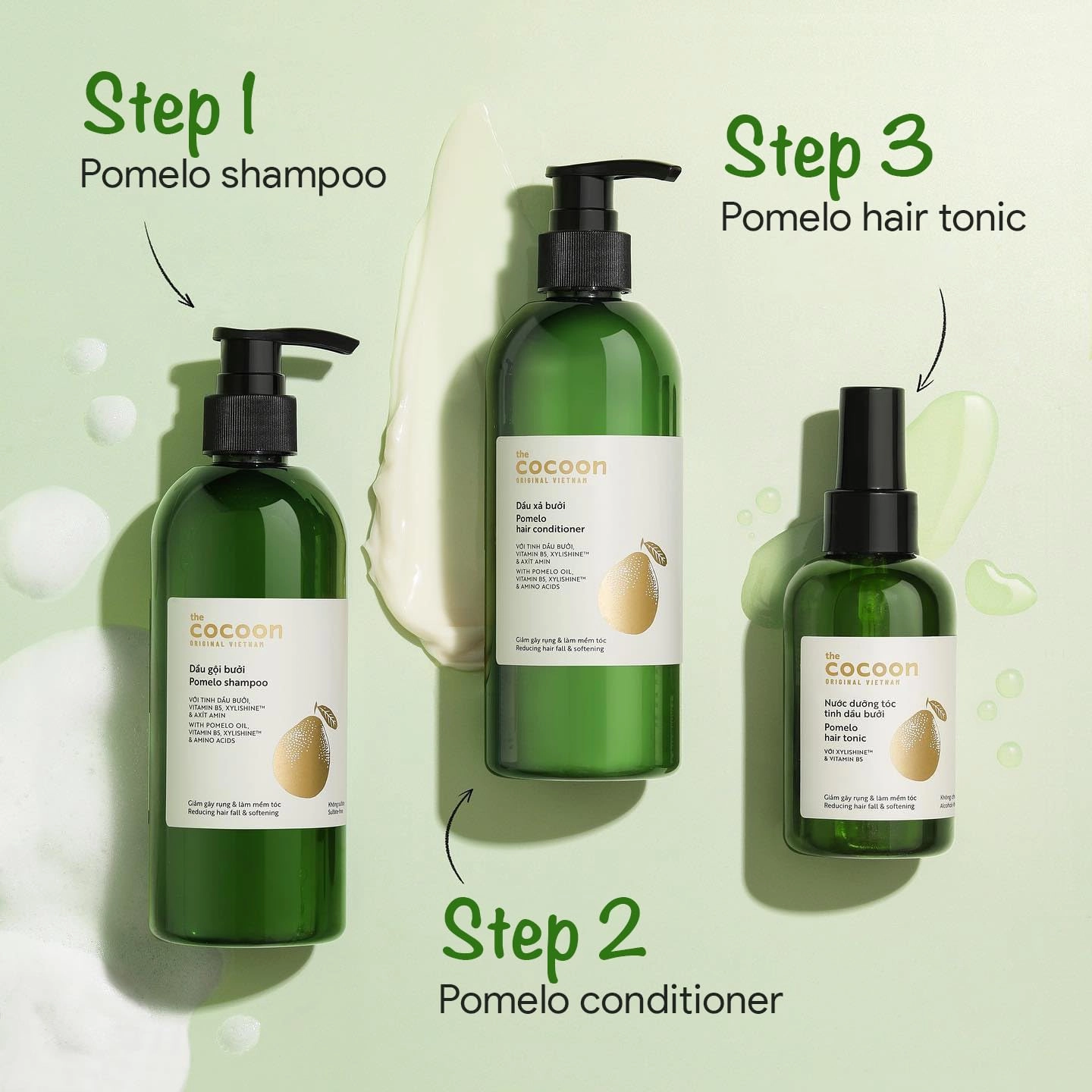 Cocoon Hair Repair Set (SAVE 25%): Pomelo Tonic (4.7 fl oz), Shampoo (10.4 fl oz), and Conditioner (10.4 fl oz)