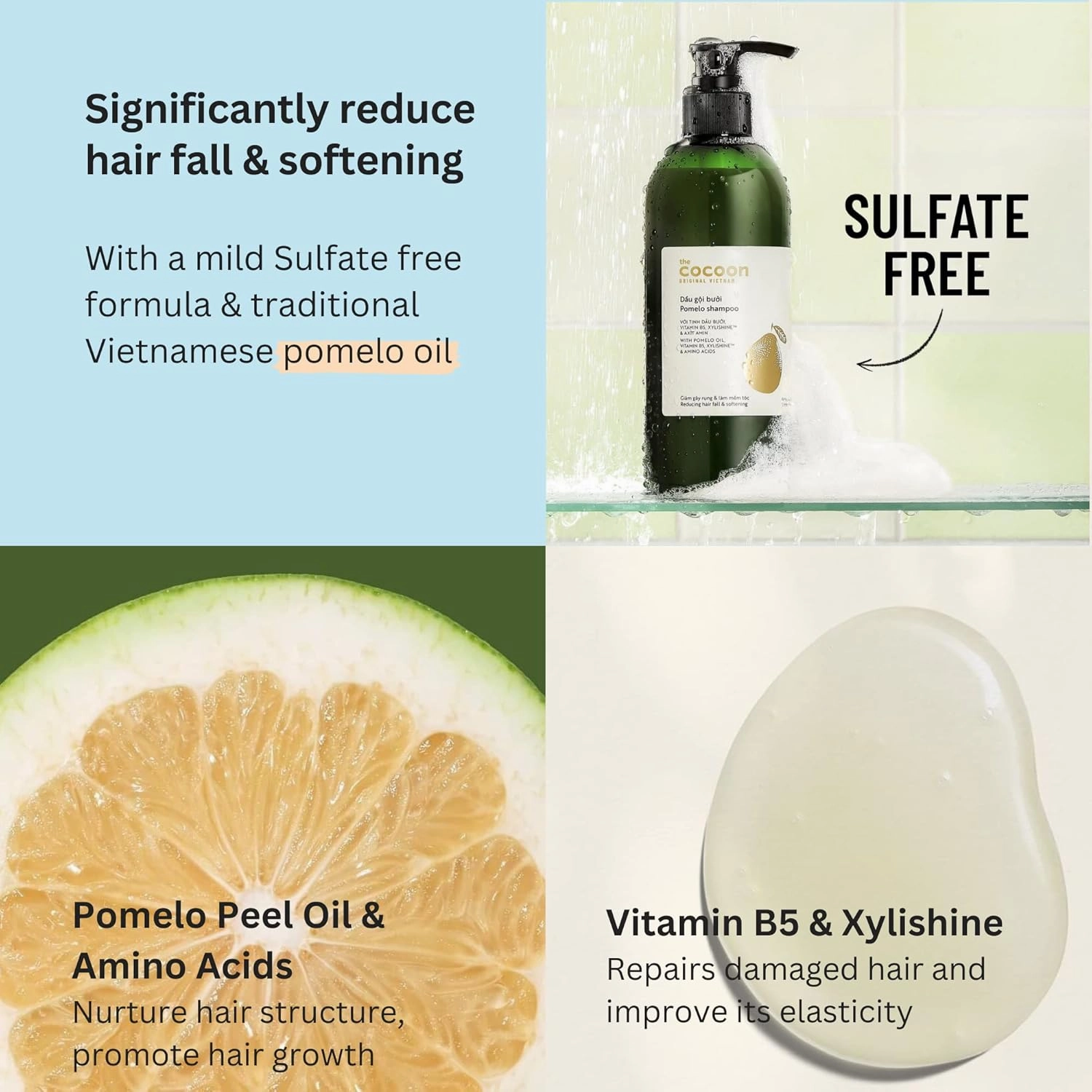 Cocoon Pomelo Essential Oil Shampoo with Xylishine & Amino Acid | Sulfate Free Vegan Treatment to Soften, Reduce Loss & Volumize Hair Growth | for Thinning, Damaged & Breakage Hair (10.5 fl oz)