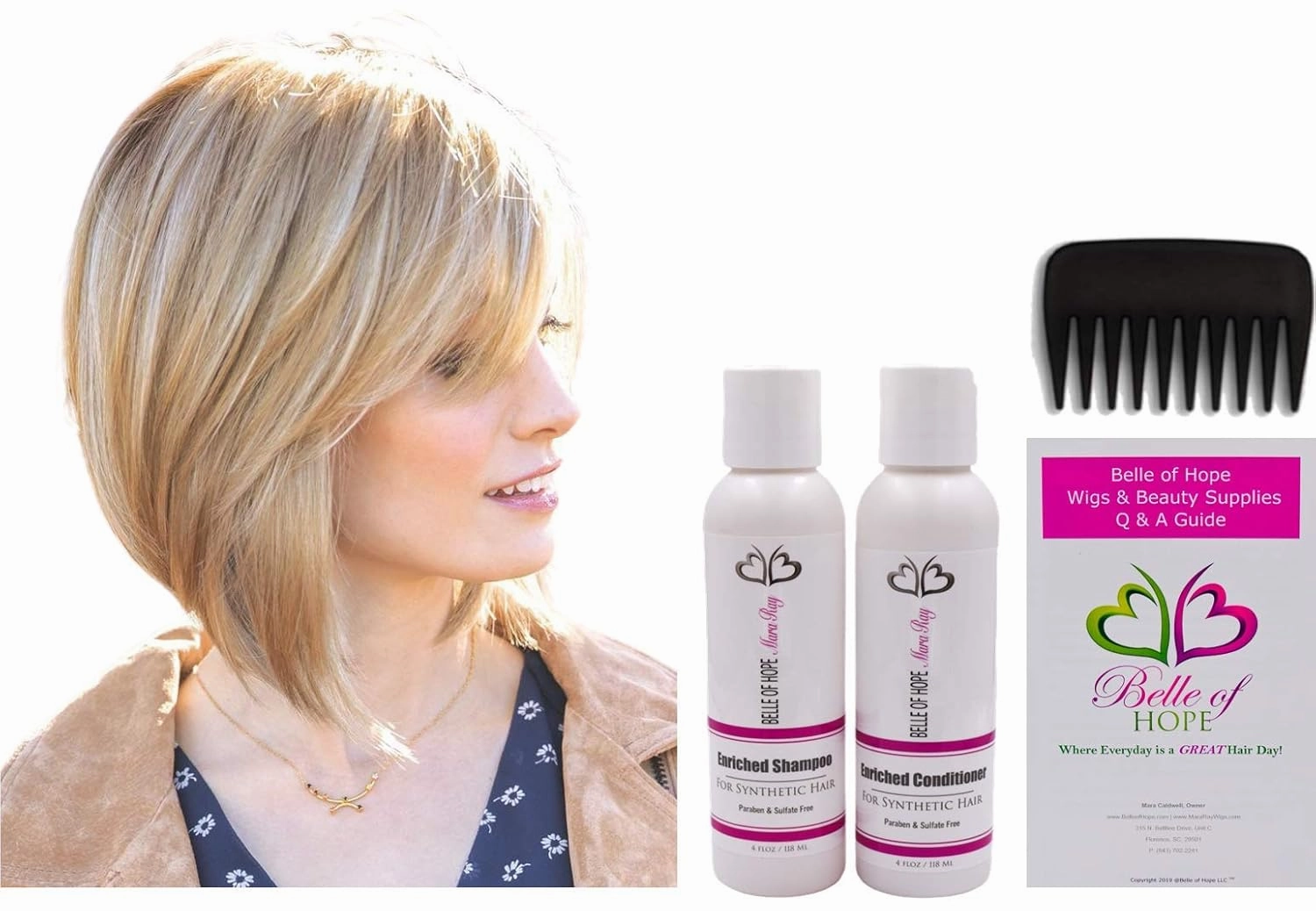 CODI Double Mono Synthetic Wig by Amore, 5PC Bundle: Wig, 4oz Mara Ray Enriched Shampoo, Conditioner, Wide Tooth Comb, and 19 Page Belle of Hope Guide (Almond Rocka)