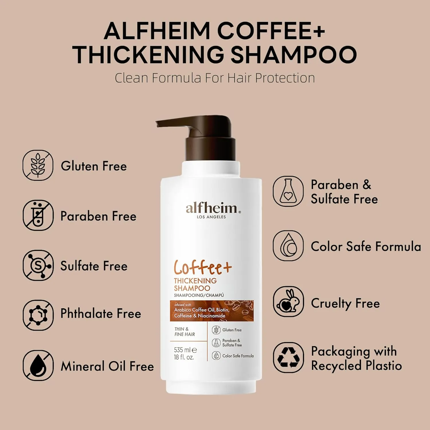 Coffee  Thickening Shampoo | Caffeine, Biotin & Niacinamide for Hair Growth & Strength | Volumizing & Hydrating Formula for Thinning & Fine Hair | Sulfate-Free, Color-Safe -18oz