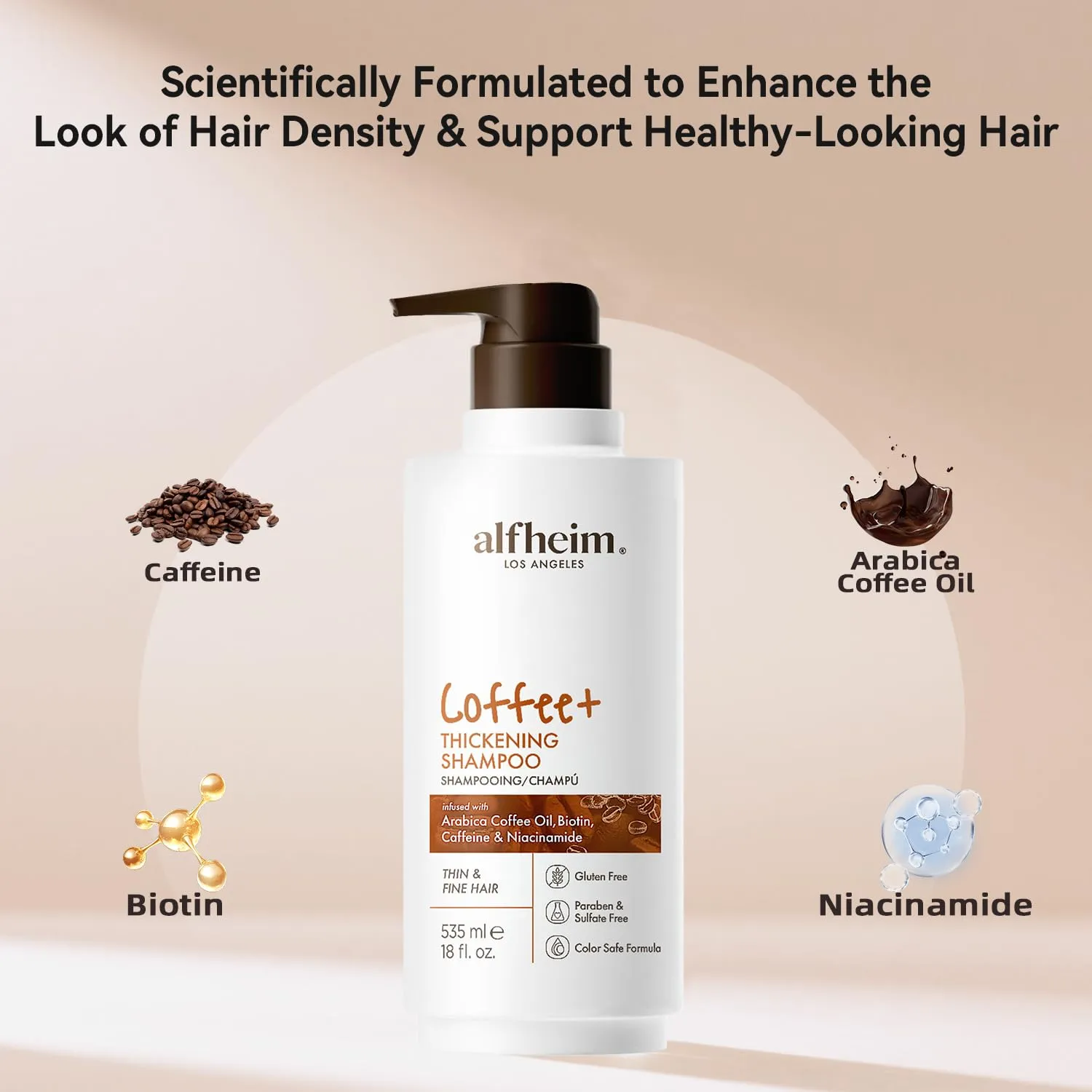 Coffee  Thickening Shampoo | Caffeine, Biotin & Niacinamide for Hair Growth & Strength | Volumizing & Hydrating Formula for Thinning & Fine Hair | Sulfate-Free, Color-Safe -18oz