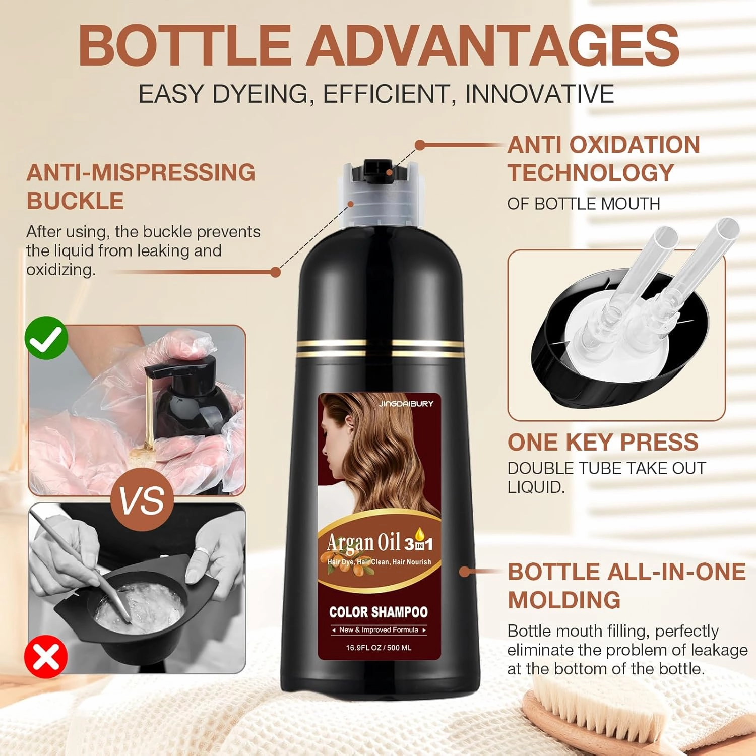 Coffee Hair Dye Shampoo 3 in 1 with Argan Oil, Instant Hair Color Shampoo in Minutes, Salon-Quality & Long-Lasting Shampoo Hair Dye, Shampoo Para Canas Mujer, Easy to Use for Men Women 500ML