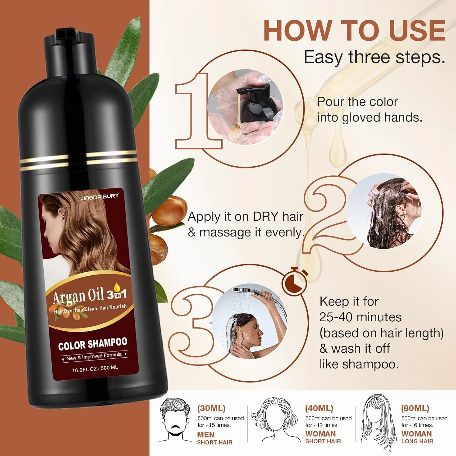 Coffee Hair Dye Shampoo 3 in 1 with Argan Oil, Instant Hair Color Shampoo in Minutes, Salon-Quality & Long-Lasting Shampoo Hair Dye, Shampoo Para Canas Mujer, Easy to Use for Men Women 500ML