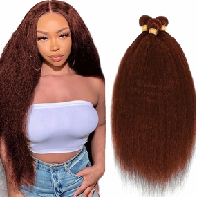 Color 33 Bundles Auburn Brown Yaki Straight Human Hair Bundles 16 18 20 inch Double Weft Reddish Brown Kinky Straight Human Hair Weave Brazilian Virgin Remy Hair Extensions