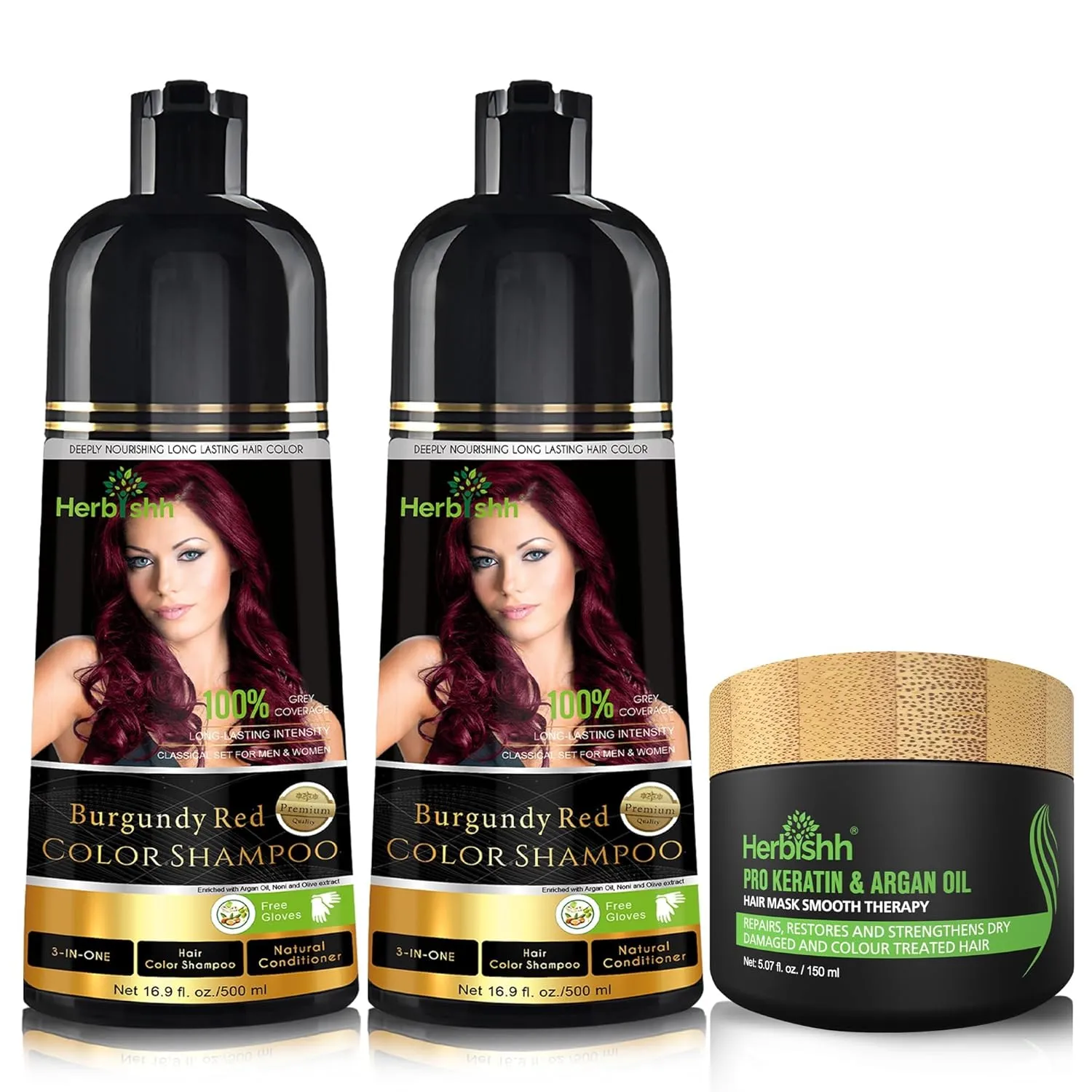 Combo Pack - Herbishh Color Shampoo for Gray Hair   Argan Intense Hair Mask - Long-lasting Dye, Colors in Minutes - Stimulates Dry, Frizzy Hair - 500 ml (Burgundy)