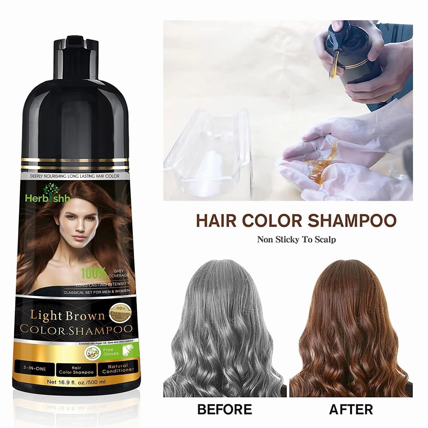 Combo Pack - Herbishh Shampoo for Gray Hair   Argan Intense Hair Mask - Long-lasting Dye Shampoo, Colors in Minutes - 500 Ml - Stimulates Dry, Frizzy Hair (Light Brown)