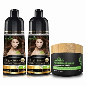 Combo Pack - Herbishh Shampoo for Gray Hair   Argan Intense Hair Mask - Long-lasting Dye Shampoo, Colors in Minutes - 500 Ml - Stimulates Dry, Frizzy Hair (Light Brown)