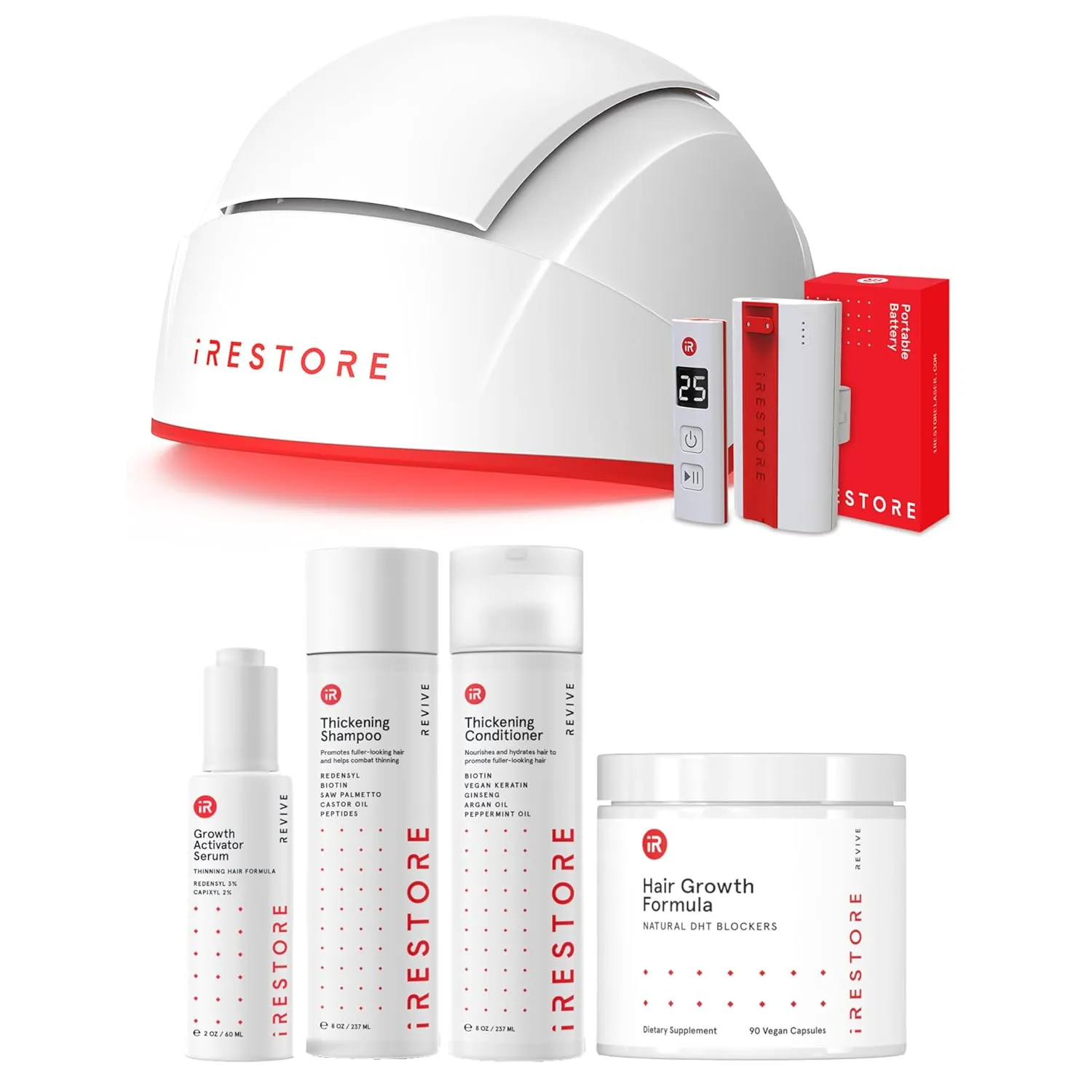 Complete Hair Restoration Bundle: Pro with battery pack   Hair Growh Supplement, Serum, Thickening Shampoo & Conditioner