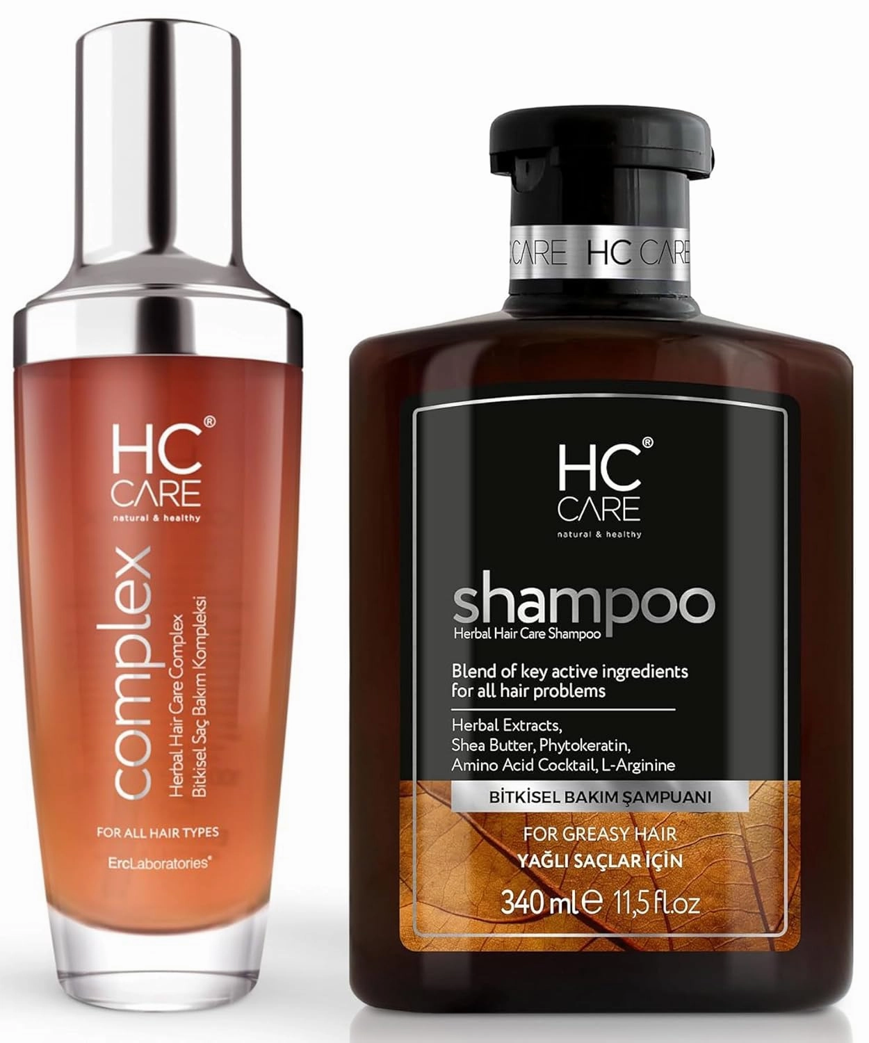 COMPLEX 100% Herbal Hair Serum and Oily Hair Shampoo Set - Hair Strengthening, Nourishing Serum for Damaged, Greasy Hair - Hydrating Hair Care - Hair Regrowth Treatment