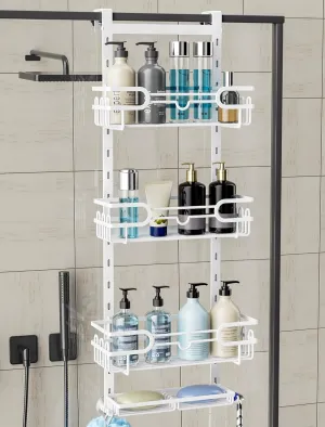 Consumest Over The Door Shower Caddy - 4 Tier Adjustable Hanging Shower Organizer Shelf with 2 Soap Holders & 22 Hooks, Rustproof Easy Installation Hanging Storage Rack for Bathroom, White
