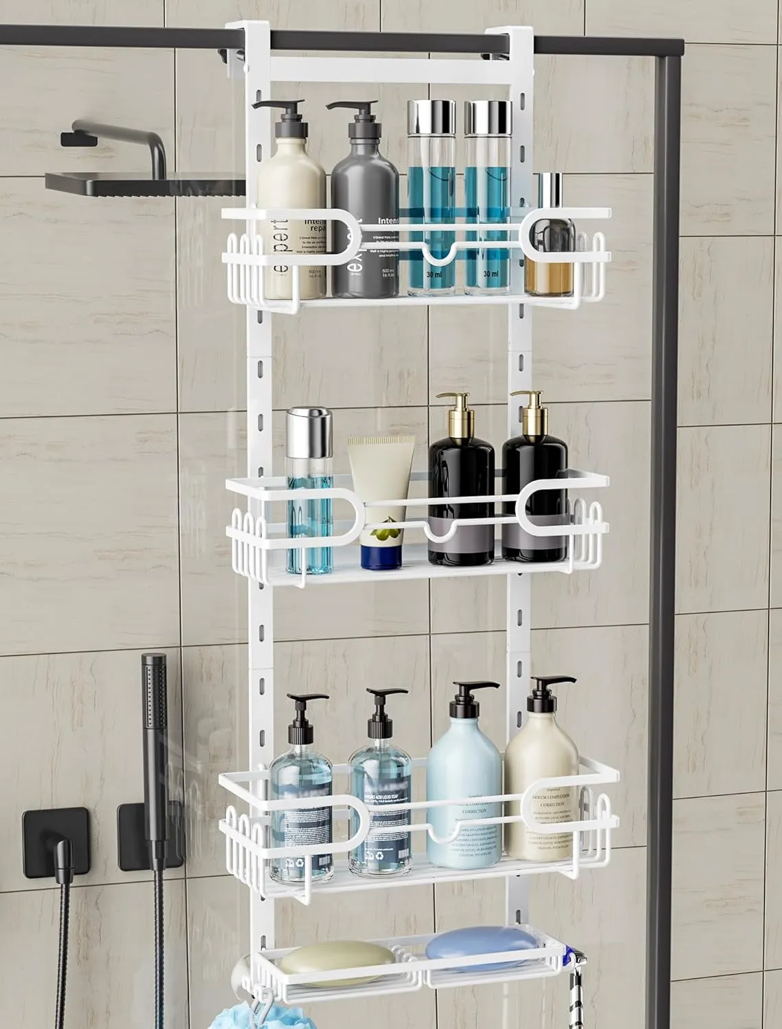 Consumest Over The Door Shower Caddy - 4 Tier Adjustable Hanging Shower Organizer Shelf with 2 Soap Holders & 22 Hooks, Rustproof Easy Installation Hanging Storage Rack for Bathroom, White
