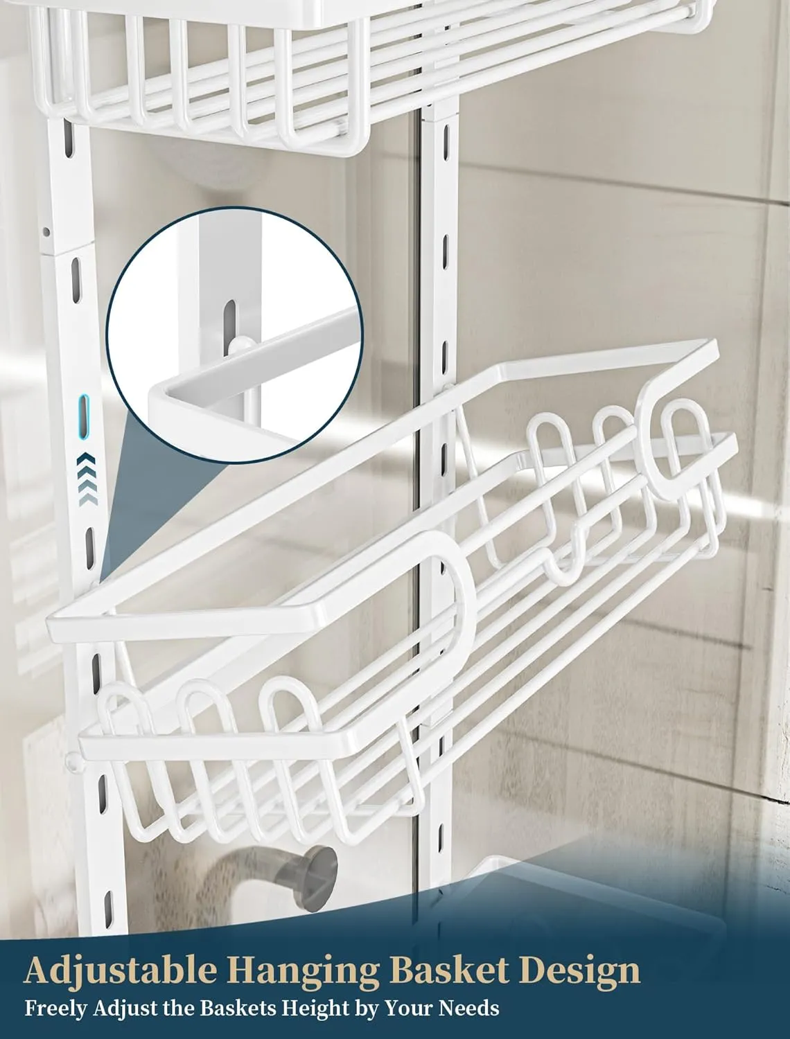 Consumest Over The Door Shower Caddy - 4 Tier Adjustable Hanging Shower Organizer Shelf with 2 Soap Holders & 22 Hooks, Rustproof Easy Installation Hanging Storage Rack for Bathroom, White