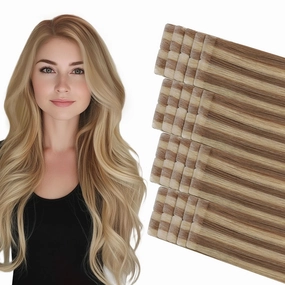 COOKAYU Injected Tape in Hair Extensions, Gold Brown to Caramel Blonde 20pcs/pack 14Inch 30g Seamless Tape in Real Human Hair Invisible Extensions