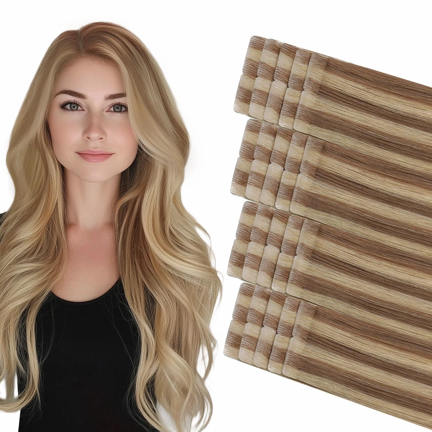 COOKAYU Injected Tape in Hair Extensions, Gold Brown to Caramel Blonde 20pcs/pack 14Inch 30g Seamless Tape in Real Human Hair Invisible Extensions