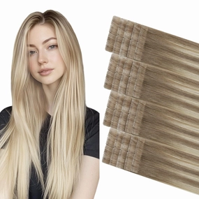 COOKAYU Invisi Edge Tape in Hair Extensions Human Hair, Ash Brown to Platinum Blonde 14Inch 20pcs 30g Straight Invisible Injected Tape in extensions
