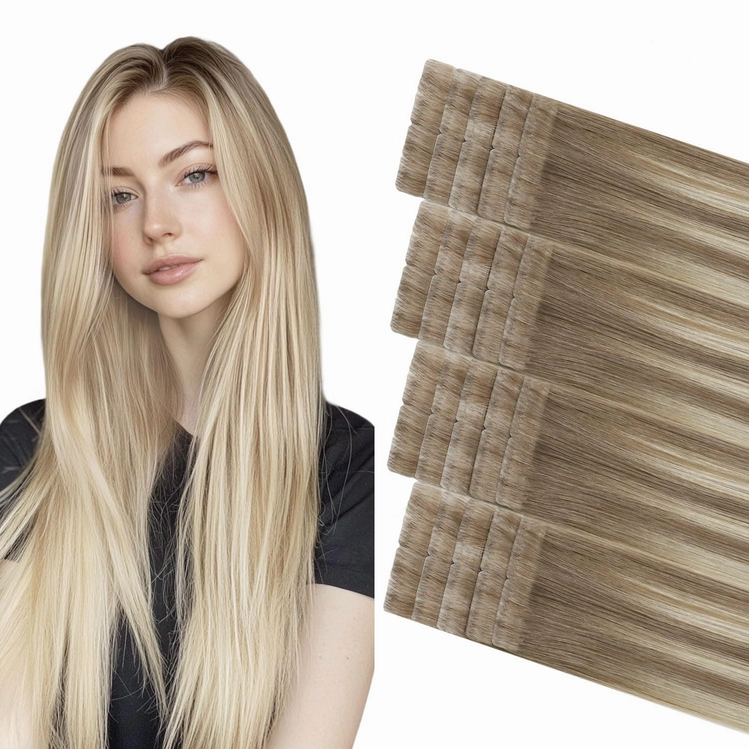 COOKAYU Invisi Edge Tape in Hair Extensions Human Hair, Ash Brown to Platinum Blonde 14Inch 20pcs 30g Straight Invisible Injected Tape in extensions