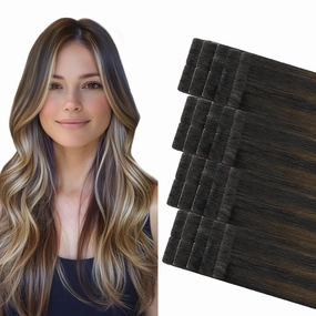 COOKAYU Invisi Edge Tape in Hair Extensions Real Human Hair Seamless Injected Tape Ins 22Inch 20pcs 50g Natural Black to Medium Brown and Caramel blonde Extensions
