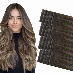 COOKAYU Invisible Tape in Hair Extensions, Balayage Dark Brown to Dirty Blonde 16Inch 20pcs 35g/pack Straight Real Human Hair Invisible Injected Tape in Extensions