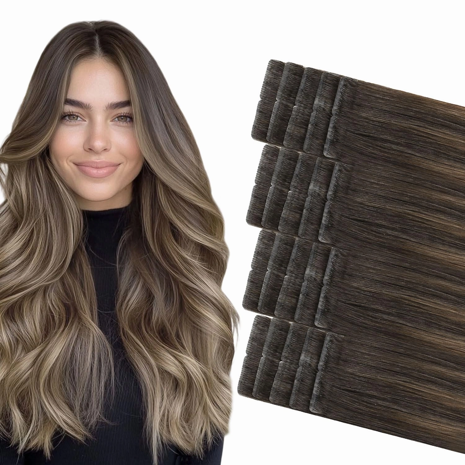 COOKAYU Invisible Tape in Hair Extensions, Balayage Dark Brown to Dirty Blonde 16Inch 20pcs 35g/pack Straight Real Human Hair Invisible Injected Tape in Extensions
