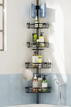 Coonoor Corner Shower Caddy Tension Pole - 62-115 INCH - 4-Tier Rustproof Bathroom Organizer Shelves, Adjustable Bathtub Tub Shampoo Storage