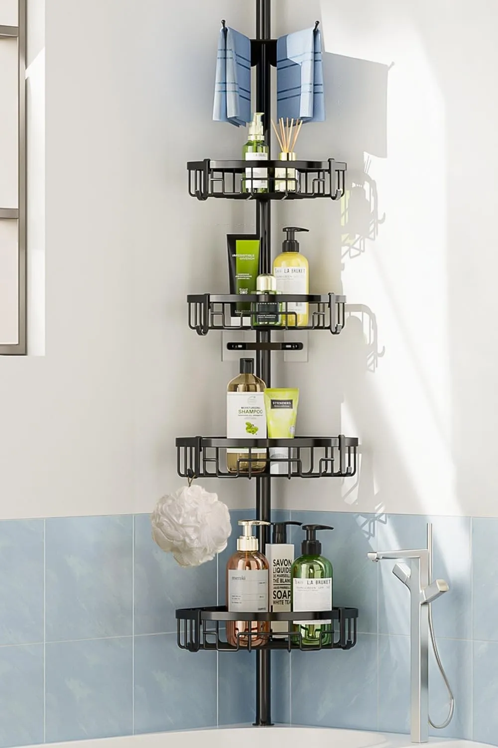 Coonoor Corner Shower Caddy Tension Pole - 62-115 INCH - 4-Tier Rustproof Bathroom Organizer Shelves, Adjustable Bathtub Tub Shampoo Storage