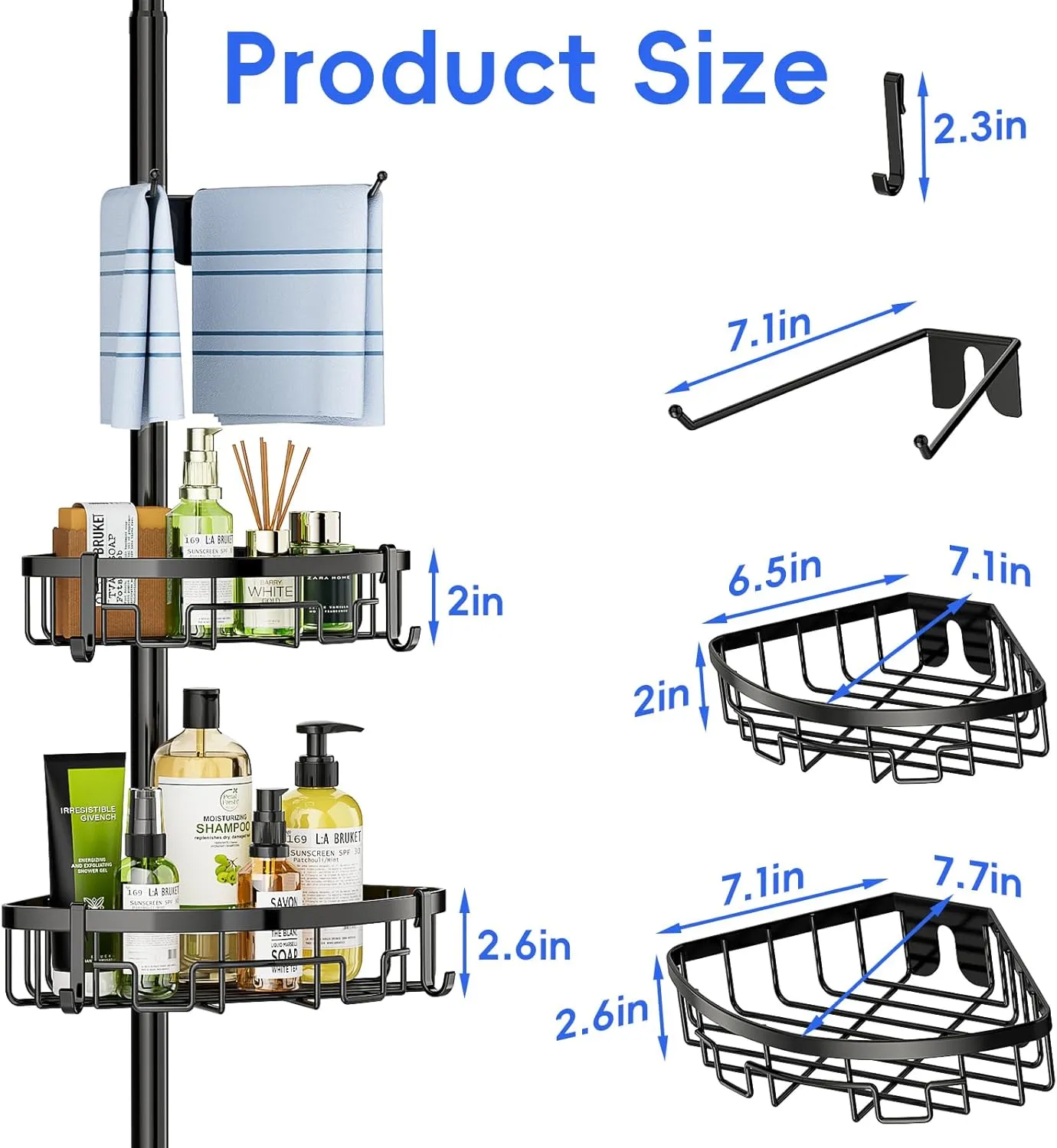 Coonoor Corner Shower Caddy Tension Pole - 62-115 INCH - 4-Tier Rustproof Bathroom Organizer Shelves, Adjustable Bathtub Tub Shampoo Storage