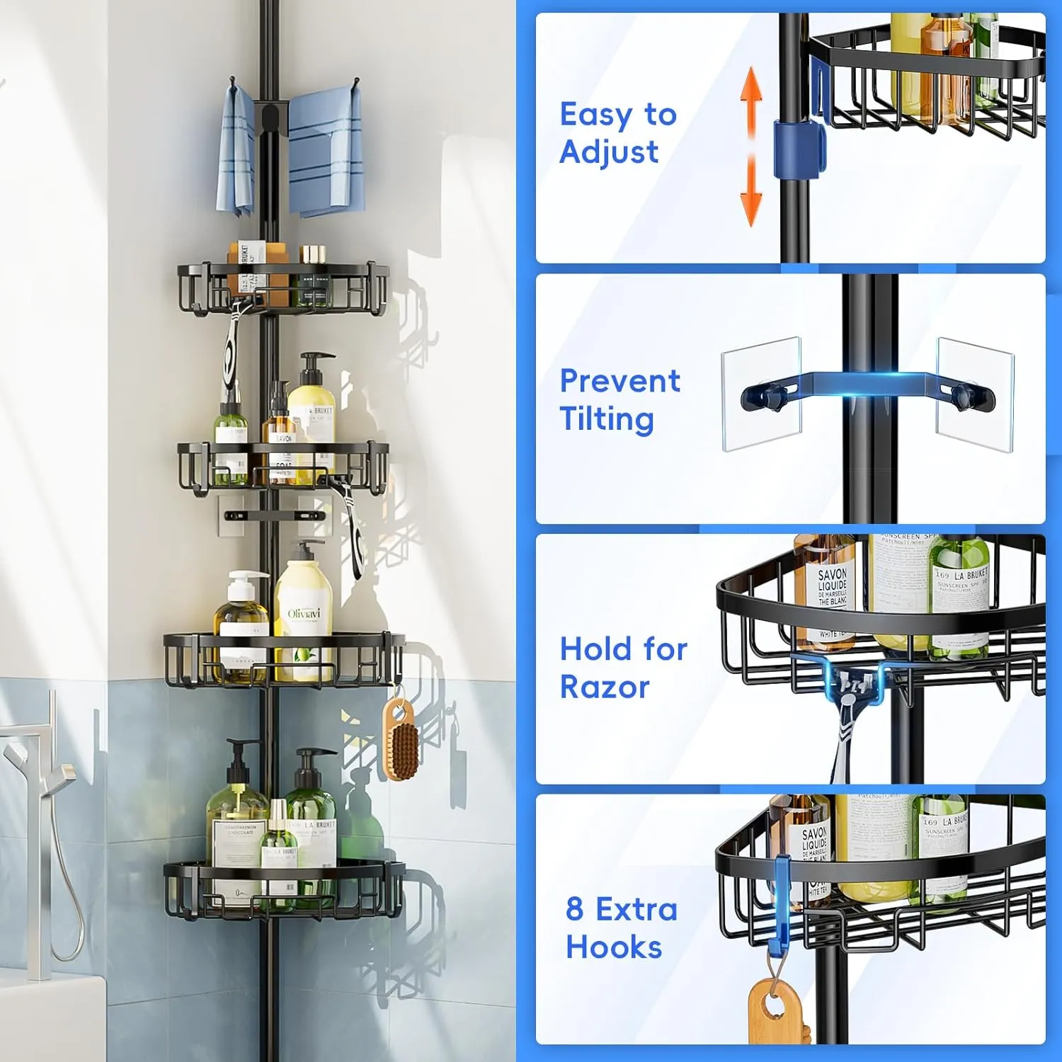 Coonoor Corner Shower Caddy Tension Pole - 62-115 INCH - 4-Tier Rustproof Bathroom Organizer Shelves, Adjustable Bathtub Tub Shampoo Storage