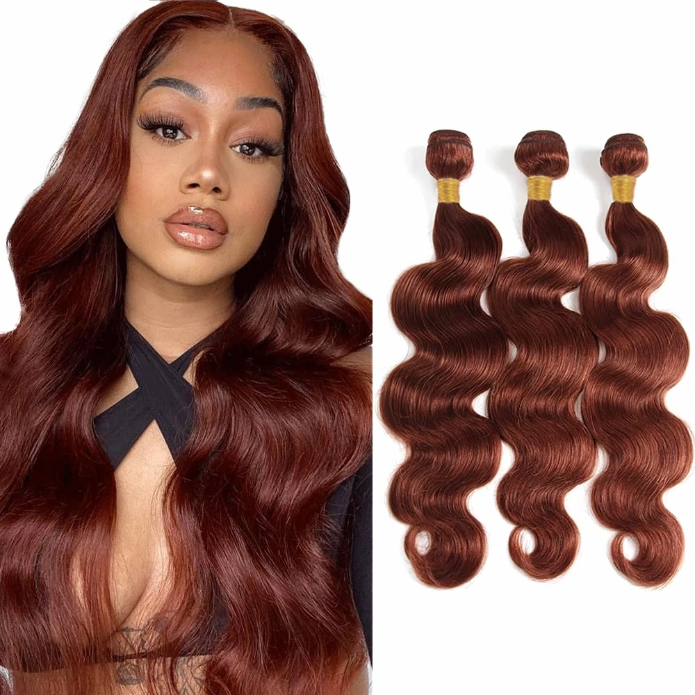 Copper Bundles Color 33 Brown Body Wave Human Hair Bundle 8A Grade Reddish Brown 3 Bundles 28 30 32 Inch Color 33 Auburn Body Wave Bundle For Black Women