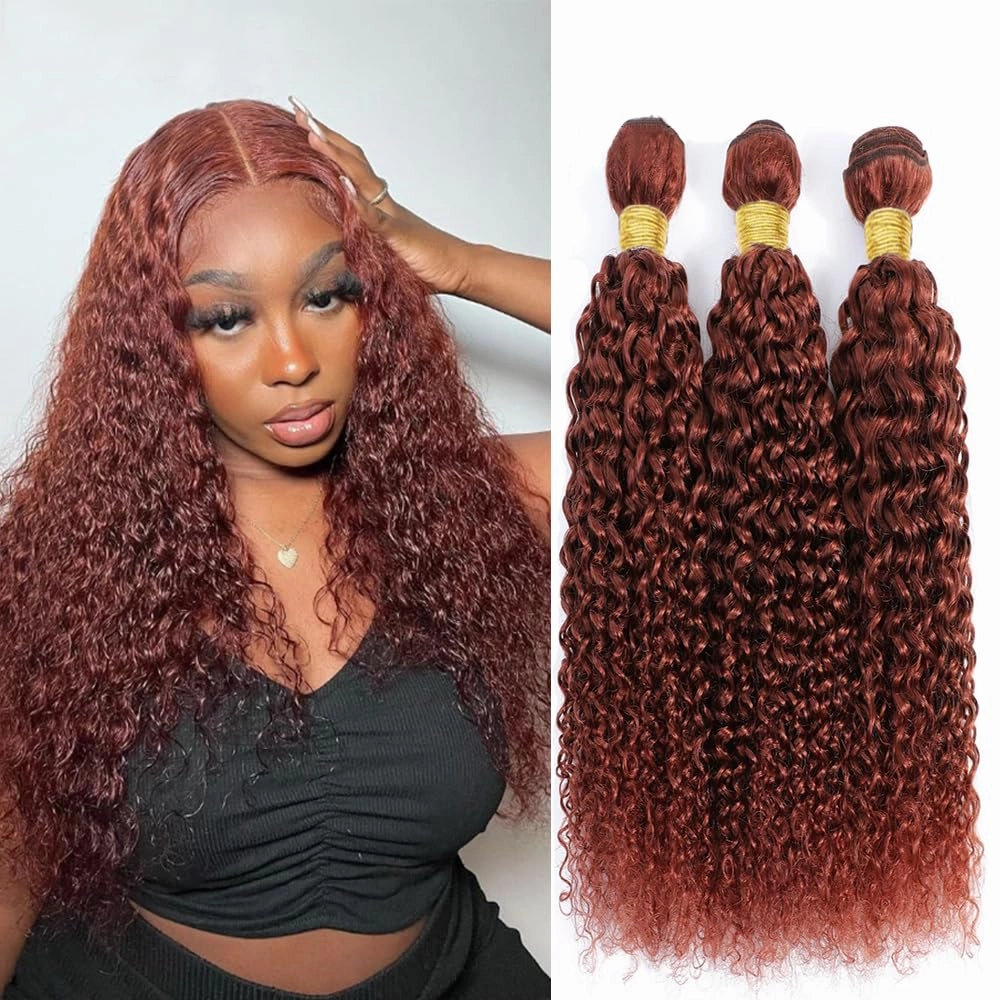 Copper Red Human Hair Bundles Color 33 Kinky Curly Bundles 14 16 18 inch Double Weft Brazilian Virgin Reddish Brown Kinky Curly Remy Hair Extensions