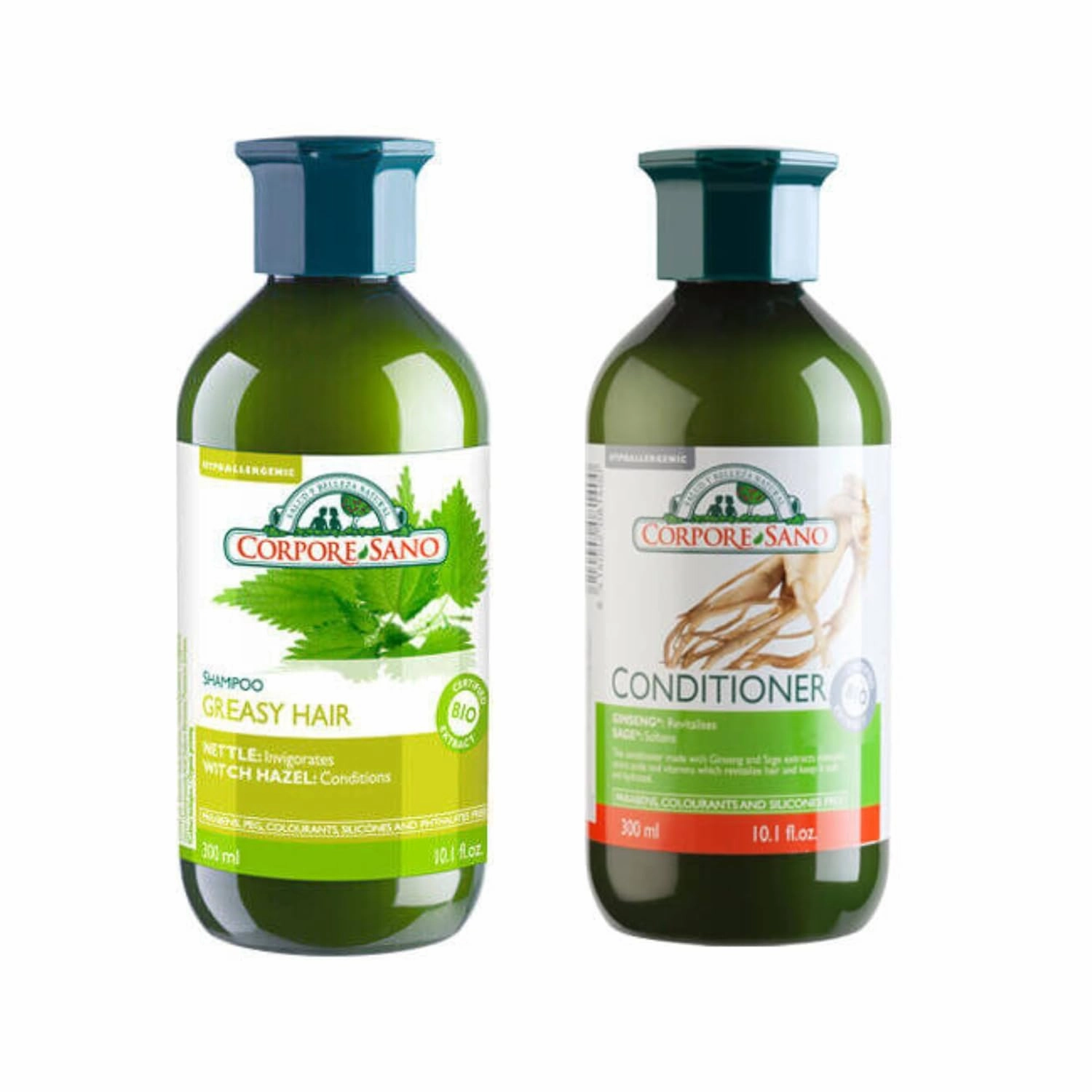 CorpSano Value Pack - Invigorating Shampoo for Greasy Hair w/Nettle & Witch Hazel and Revitalizing Conditioner w/Ginseng & Sage - Parabens Free - Silicone Free