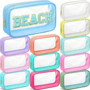 Cunno 12 Pcs Preppy Clear Cosmetic Bags Bulk Appreciation Gifts DIY Chenille Letter Makeup Pouch Transparent Beach Zipper Pouches PVC Travel Toiletry Organizer for Women