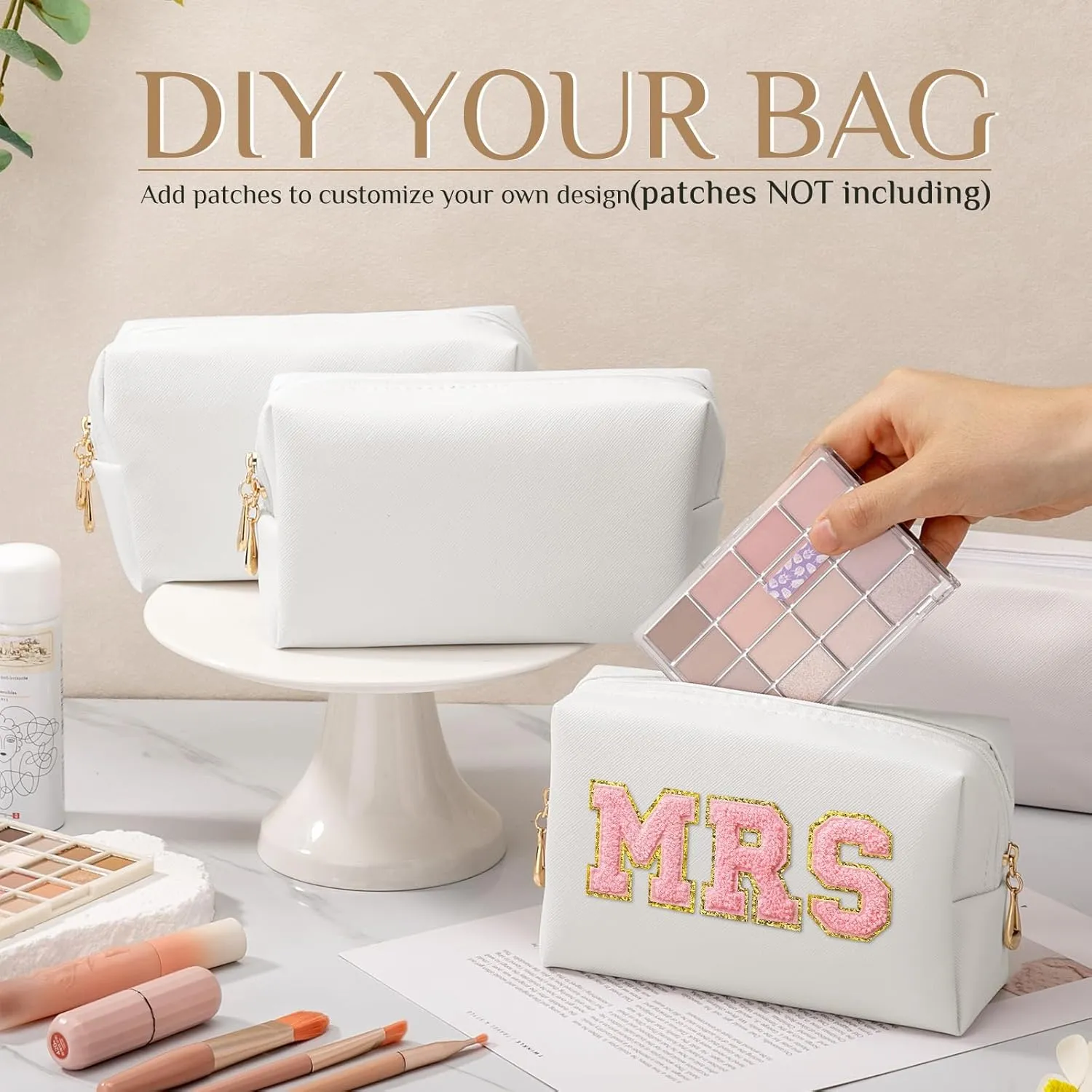 Cunno 20 Pcs Preppy Makeup Bags PU Leather Cosmetic Pouch with Zipper Waterproof Make up Bags Toiletry Beauty Container for Women Bridal Shower Favors End of the Year Teacher Gifts(White)