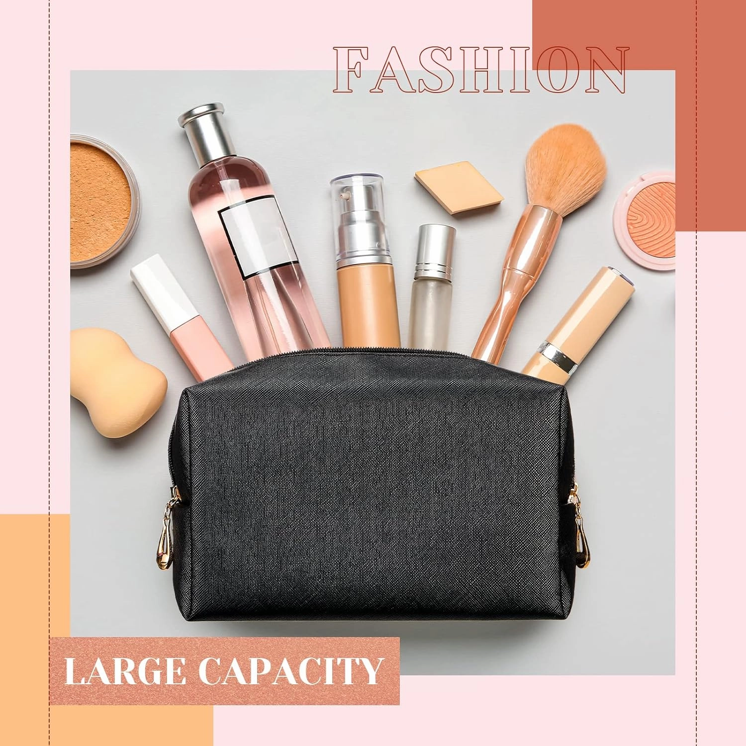 Cunno 20 Pcs Preppy Makeup Bags PU Leather Cosmetic Pouch with Zipper Waterproof Make up Bags Toiletry Beauty Container for Women Bridal Shower Favors End of the Year Teacher Gifts(Black)