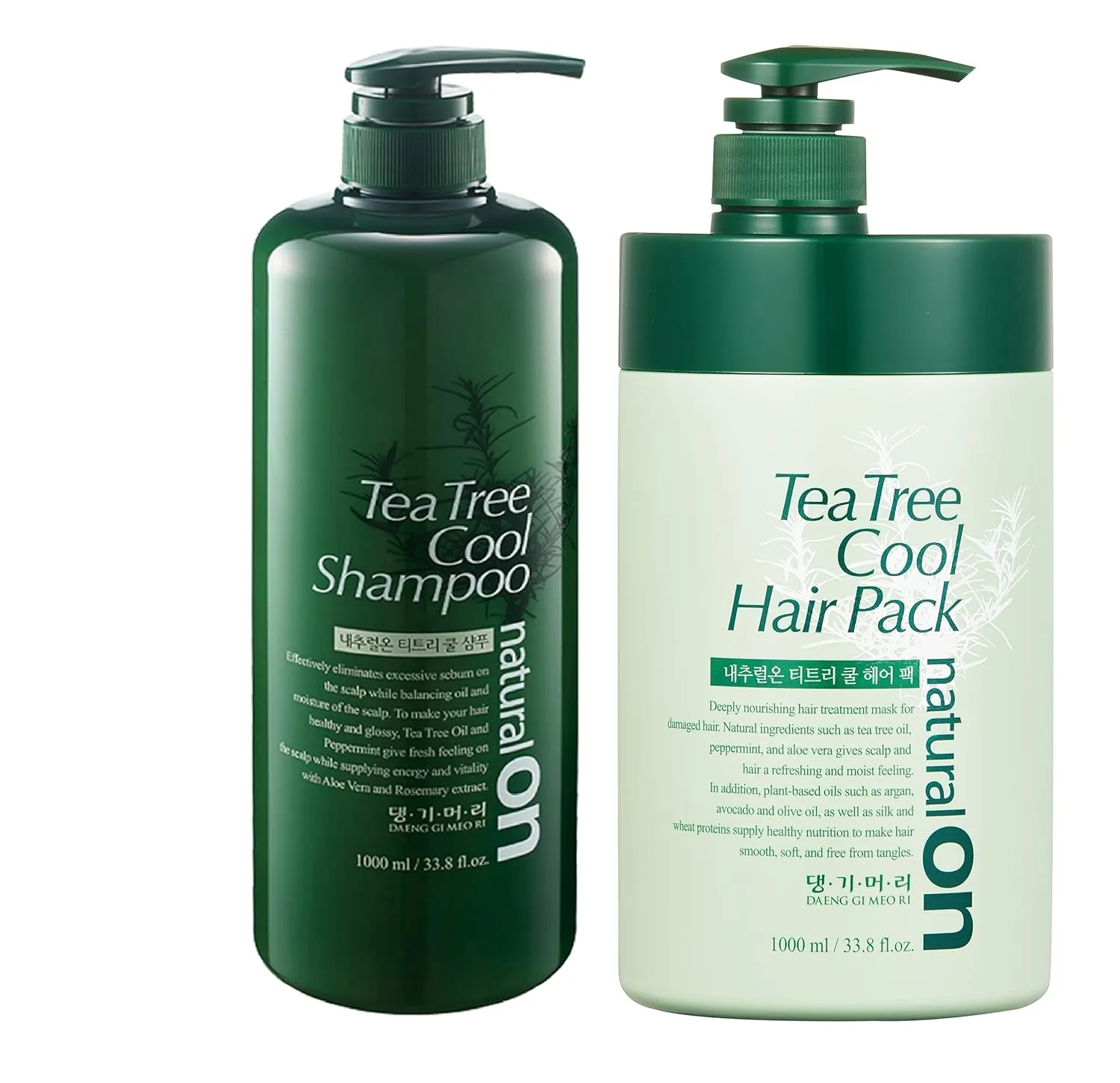 Daeng Gi Meo Ri - Tea Tree Cool Shampoo & Hair Pack Set, 1000ml Each - Refreshing Korean Beauty Cleansing for Oily and Dry Hair