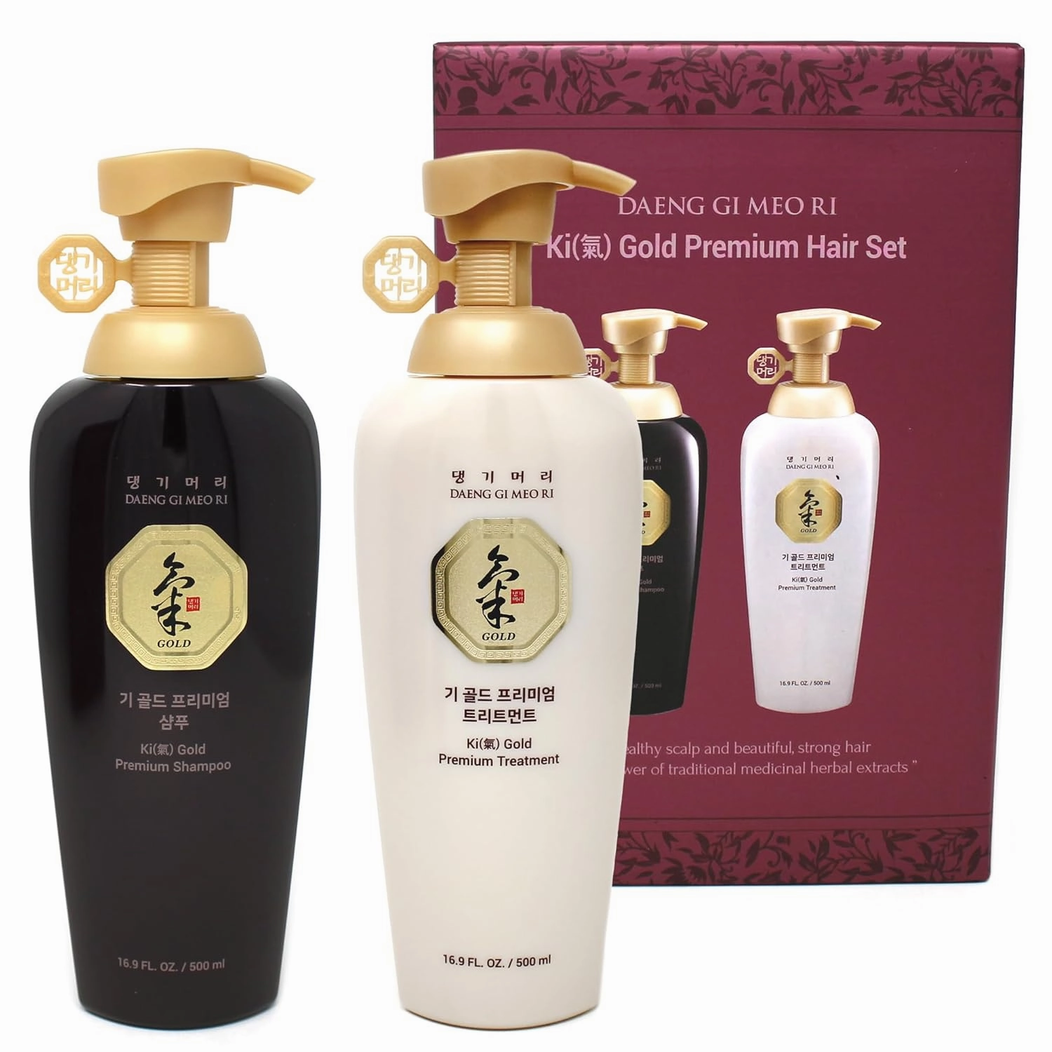 Daeng Gi Meo Ri- Ki Gold Premium Shampoo   Treatment Set, Promoting Hair Growth, Effectively Moisture to Dry and Rough Hair, No Artificial Color, 500ml