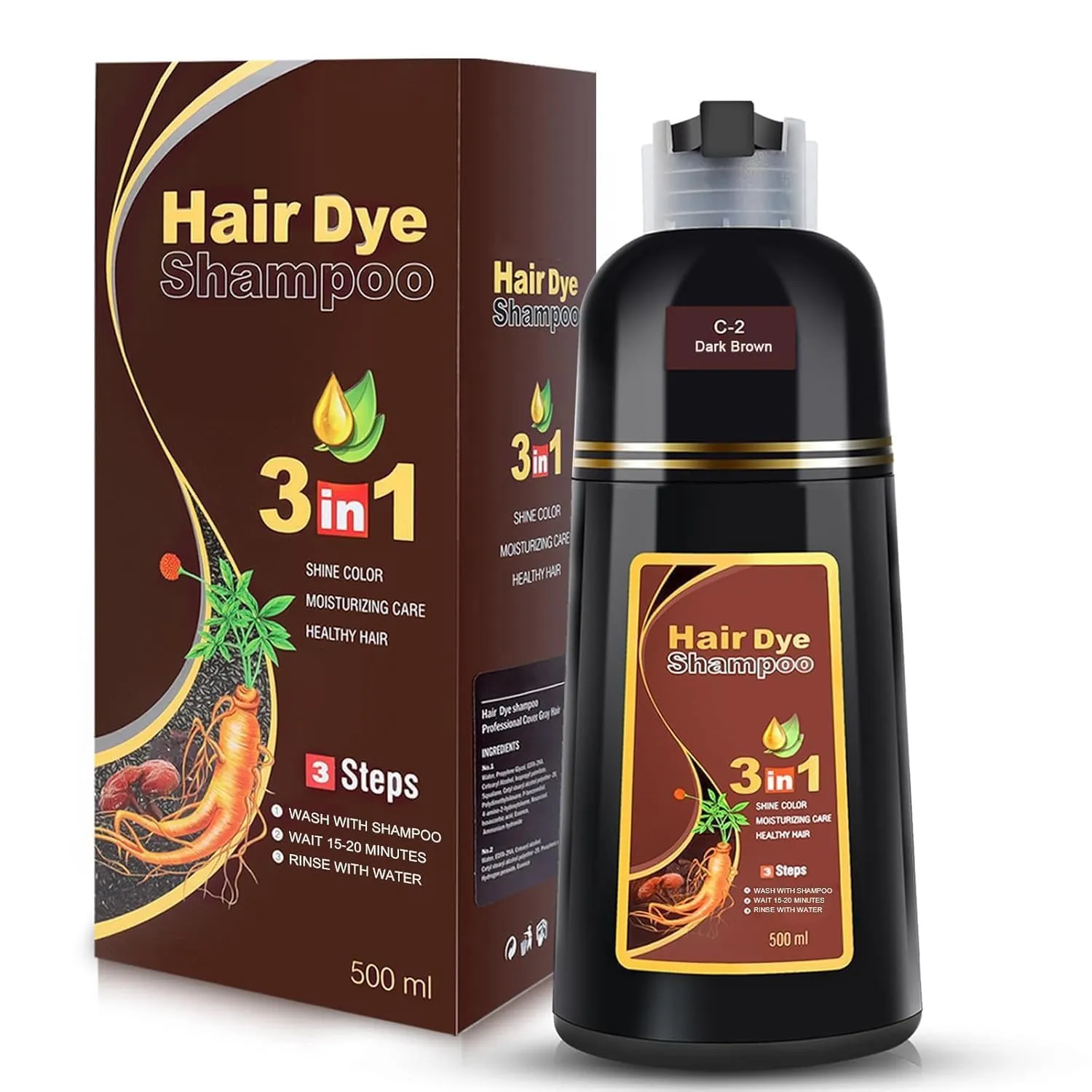 Dark Brown Hair Dye Shampoo 3 in 1 for Gray Hair Coverage, Instant Hair Color Shampoo Natural Plant Herbal Hair Dye Shampoo for Women Men (500ml)