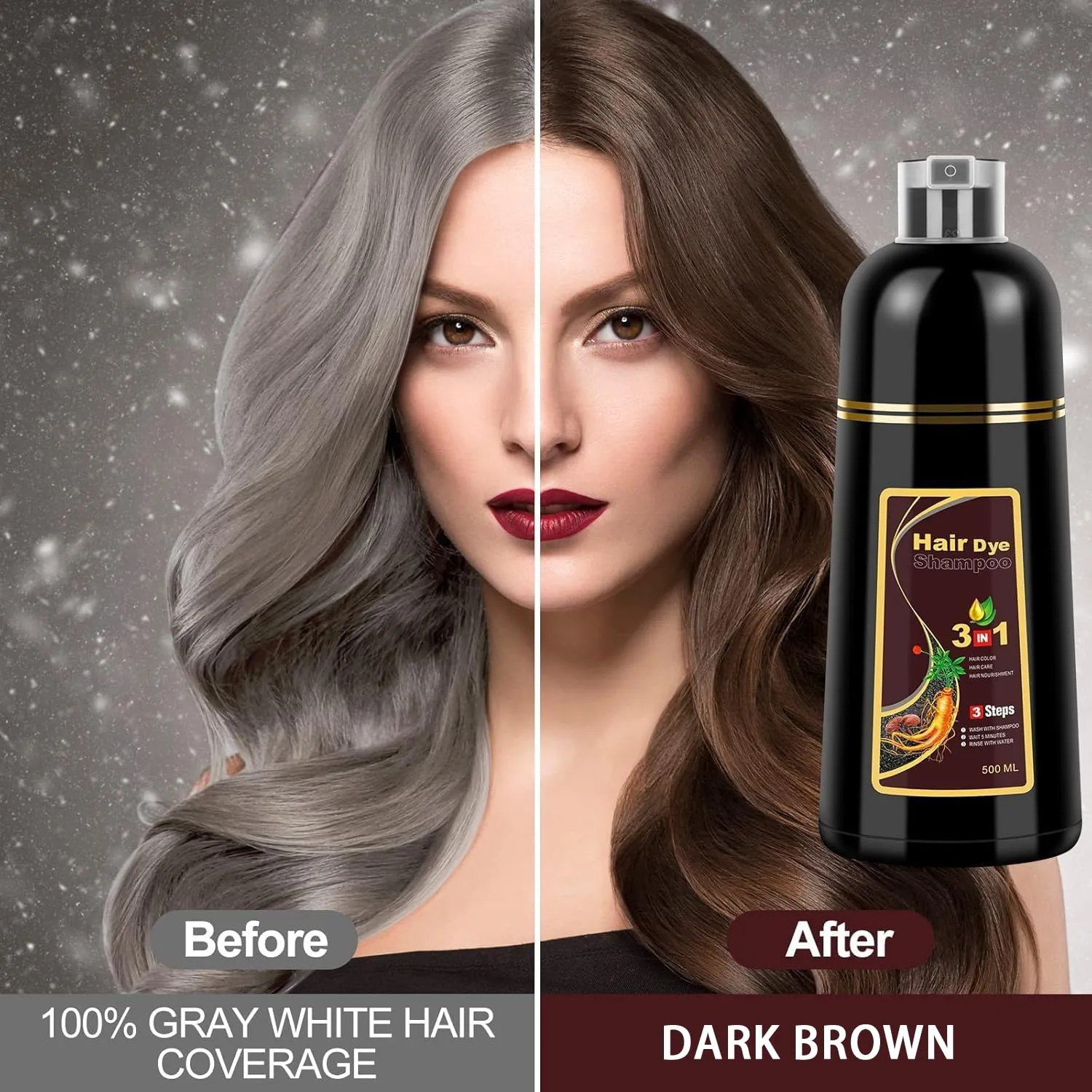 Dark Brown Hair Dye Shampoo 3 in 1 for Gray Hair Coverage, Instant Hair Color Shampoo Natural Plant Herbal Hair Dye Shampoo for Women Men (500ml)