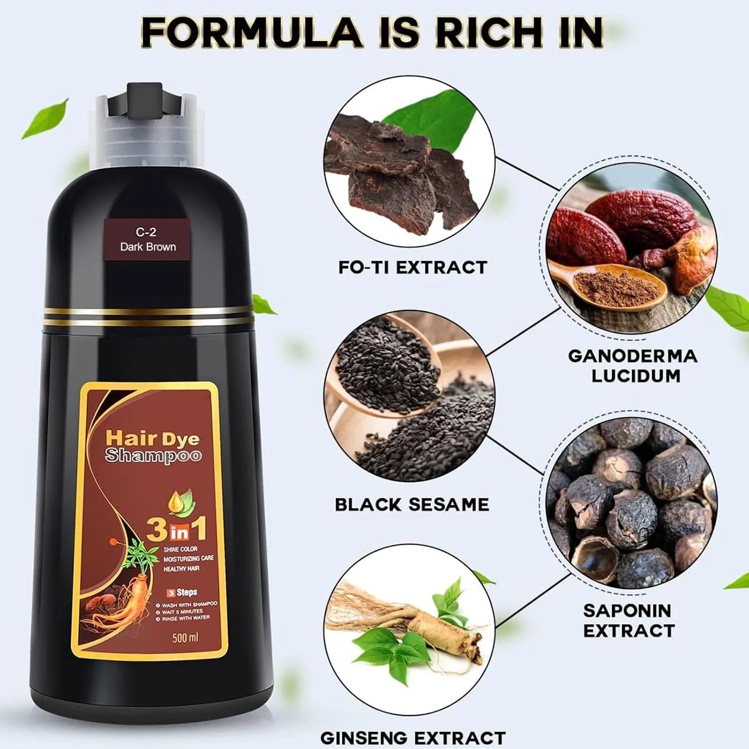 Dark Brown Hair Dye Shampoo 3 in 1 for Gray Hair Coverage, Instant Hair Color Shampoo Natural Plant Herbal Hair Dye Shampoo for Women Men (500ml)
