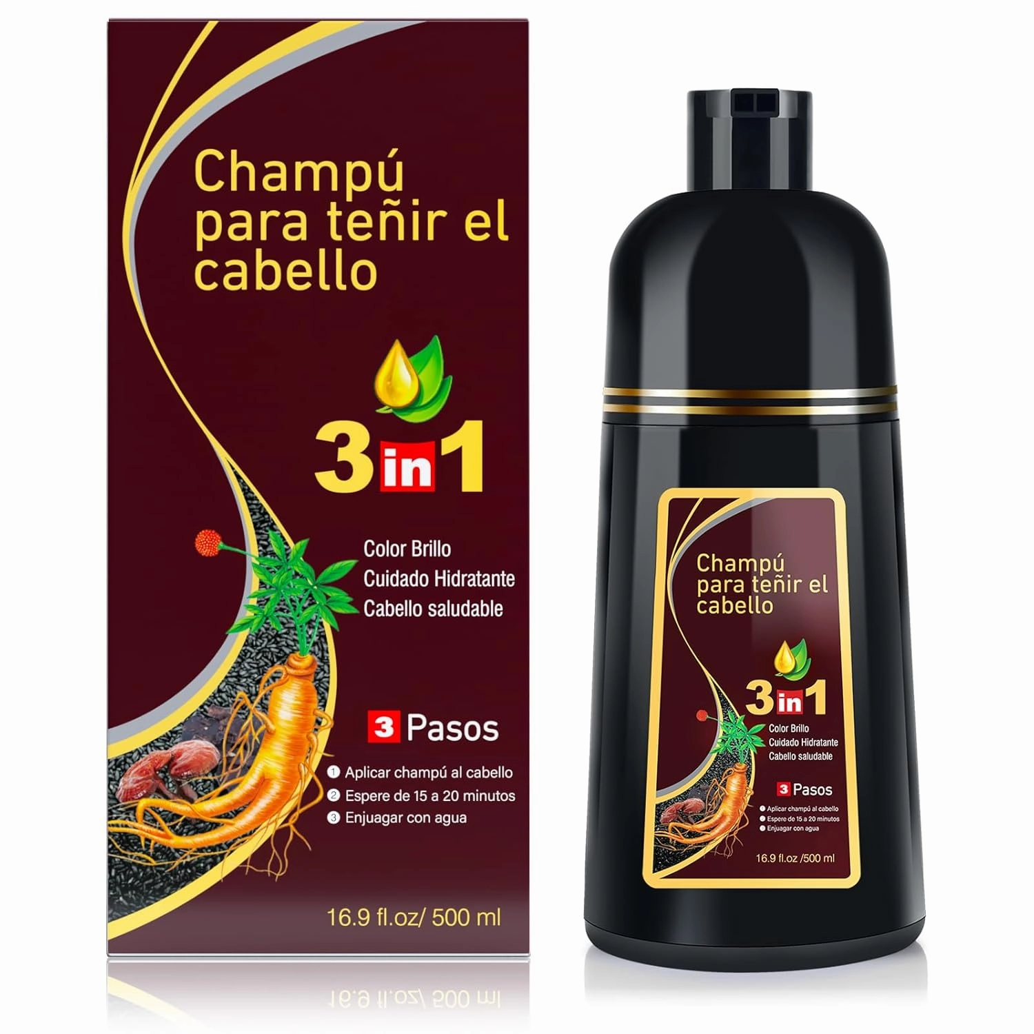 Dark Brown Hair Dye 3-in-1 Hair Coloring Shampoo for Gray Coverage, For Women & Men - Champu Para Canas y Pintar el Cabello 500ml 【Spanish version】