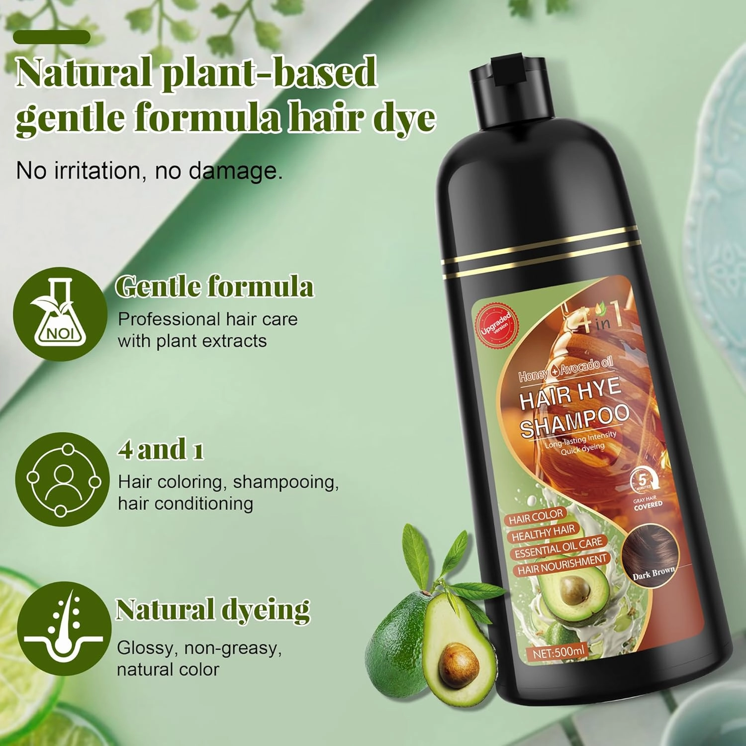 Dark Brown Hair Dye Shampoo 3 in 1 for Women & Men 100% Gray Hair Coverage - Herbal Ingredients Natural Plant Hair Color - Hair Dye in Minutes 17.6 Fl Oz