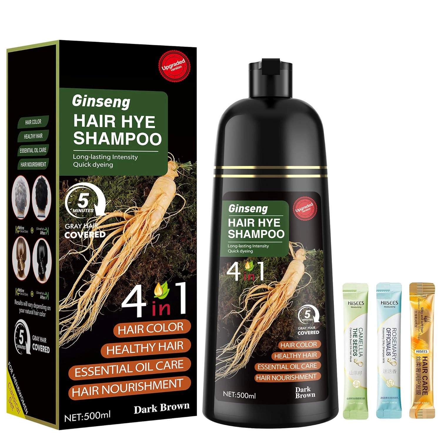 Dark Brown Hair Dye Shampoo 3 in 1 for Women & Men 100% Gray Hair Coverage - Herbal Ingredients Natural Plant Hair Color - Hair Dye in Minutes 17.6 Fl Oz