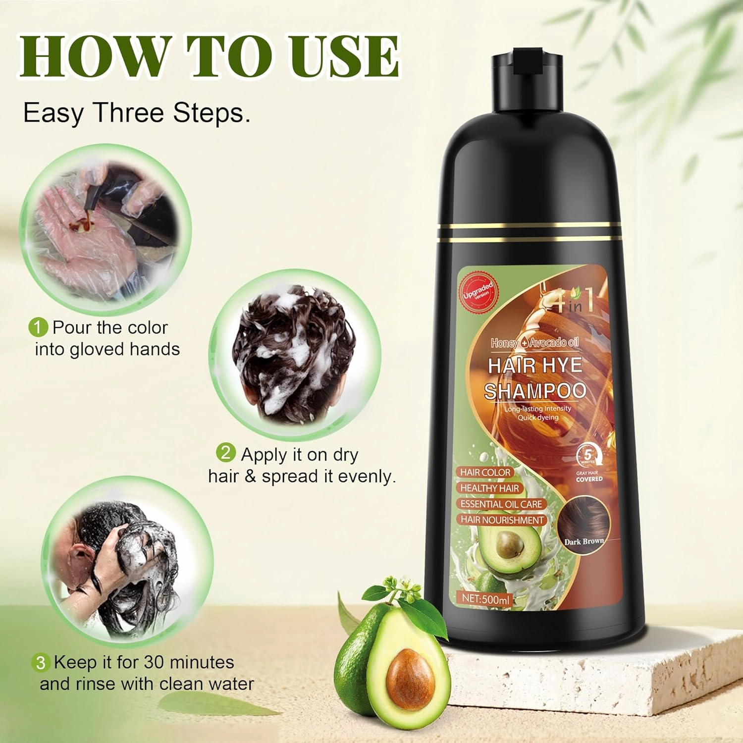 Dark Brown Hair Dye Shampoo 3 in 1 for Women & Men 100% Gray Hair Coverage - Herbal Ingredients Natural Plant Hair Color - Hair Dye in Minutes 17.6 Fl Oz
