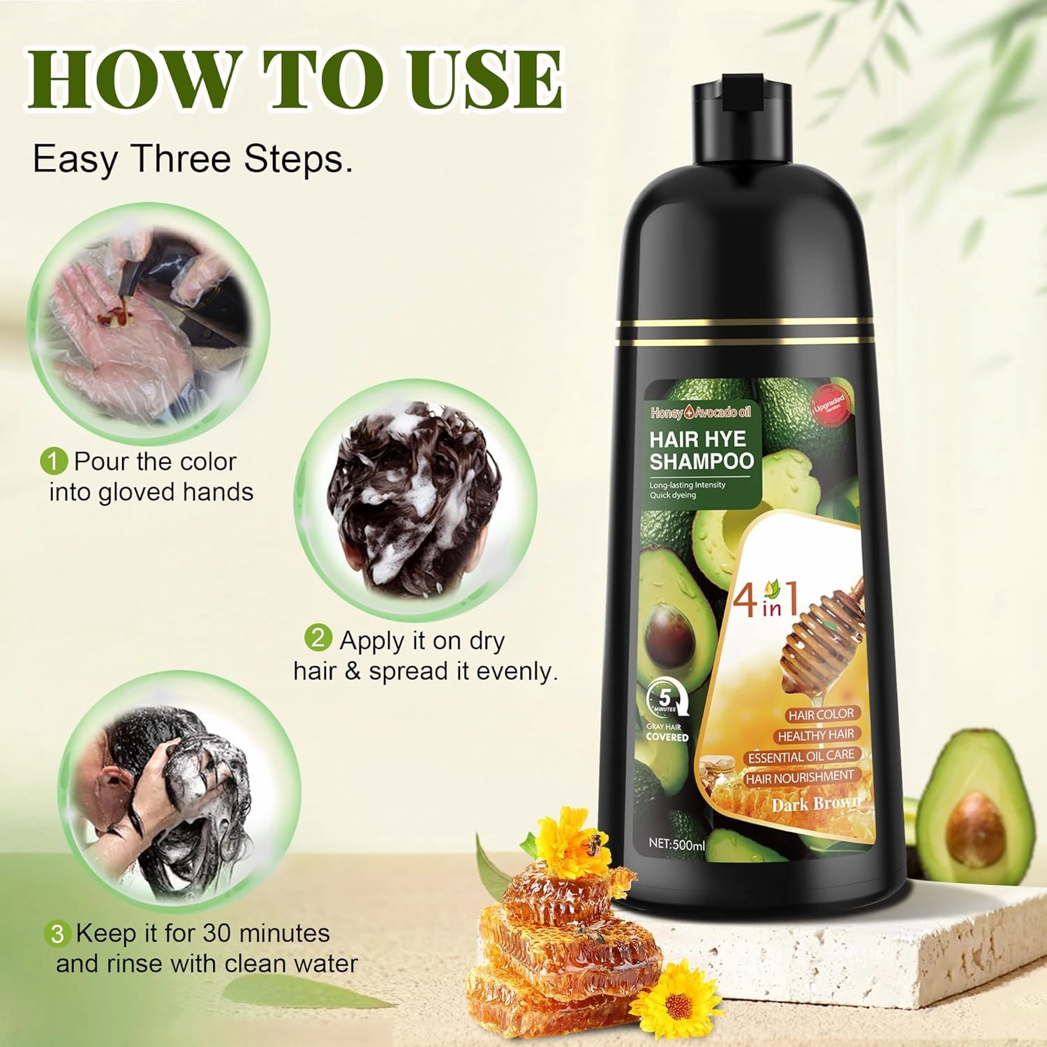 Dark Brown Hair Dye Shampoo 3 in 1 for Women & Men 100% Gray Hair Coverage - Herbal Ingredients Natural Plant Hair Color - Hair Dye in Minutes 17.6 Fl Oz