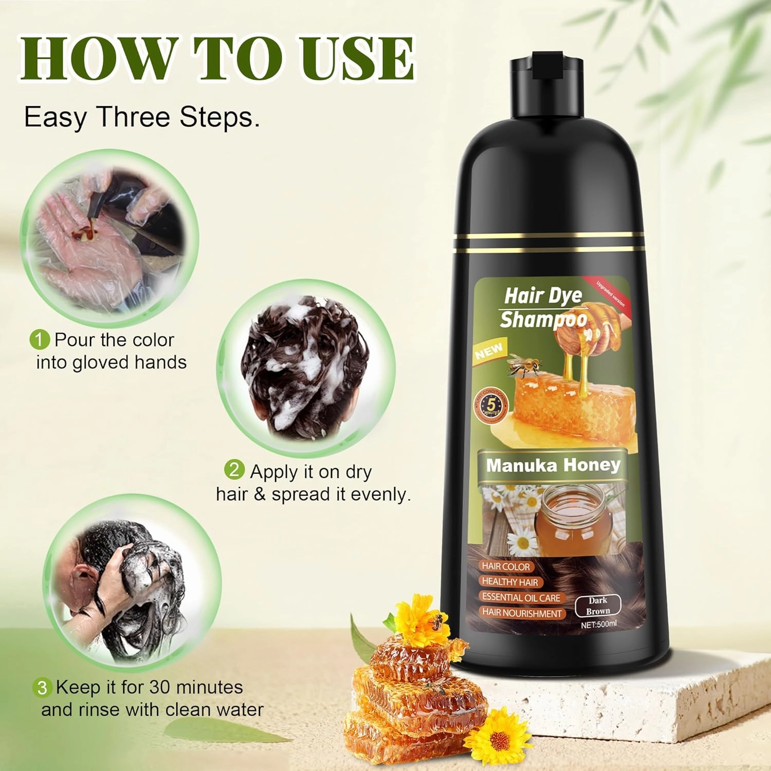 Dark Brown Hair Dye Shampoo 3 in 1 for Women & Men 100% Gray Hair Coverage - Herbal Ingredients Natural Plant Hair Color - Hair Dye in Minutes 17.6 Fl Oz