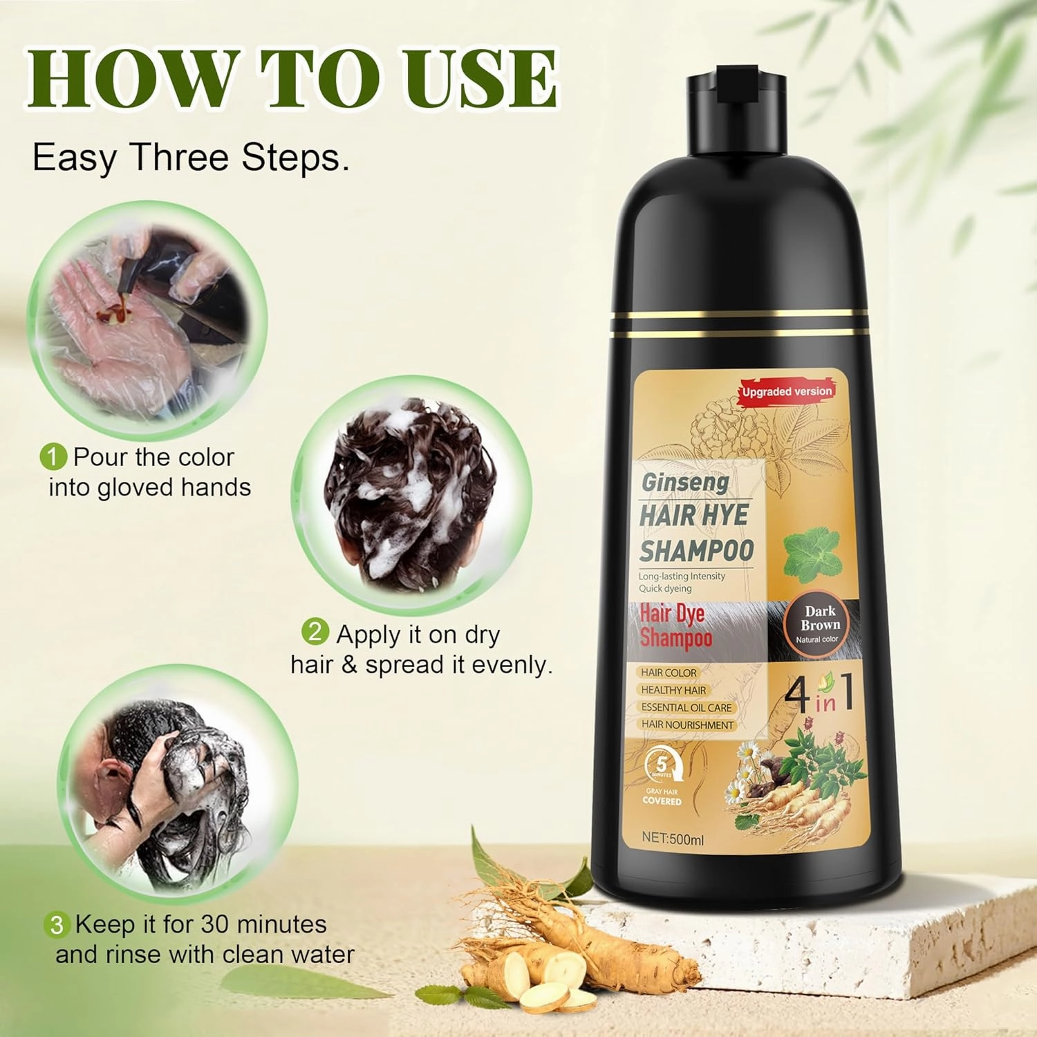 Dark Brown Hair Dye Shampoo 3 in 1 for Women & Men 100% Gray Hair Coverage - Herbal Ingredients Natural Plant Hair Color - Hair Dye in Minutes 17.6 Fl Oz