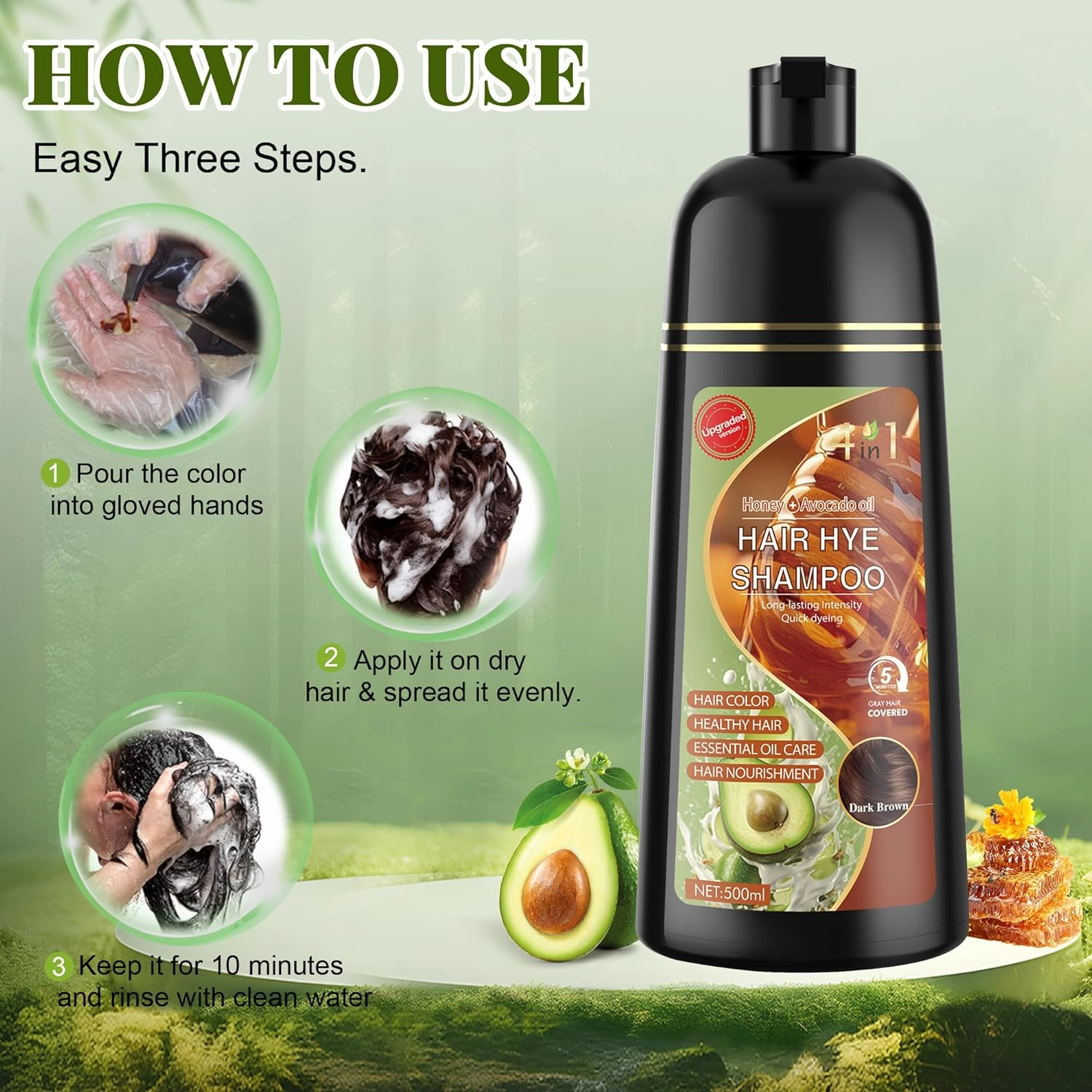 Dark Brown Hair Dye Shampoo 3 in 1 for Women & Men 100% Gray Hair Coverage - Herbal Ingredients Natural Plant Hair Color - Hair Dye in Minutes 500ML