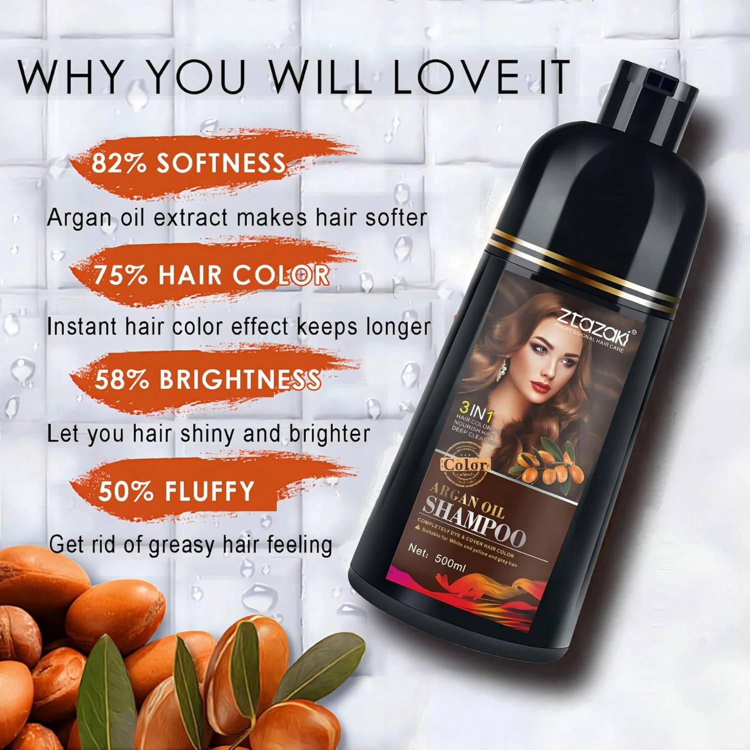 Dark Brown Hair Dye Shampoo 3-In-1, Instant Gray Hair Coverage in Minutes-Long Lasting Argan Oil Herbal Hair Color Shampoo champu con tinte para canas 500ml