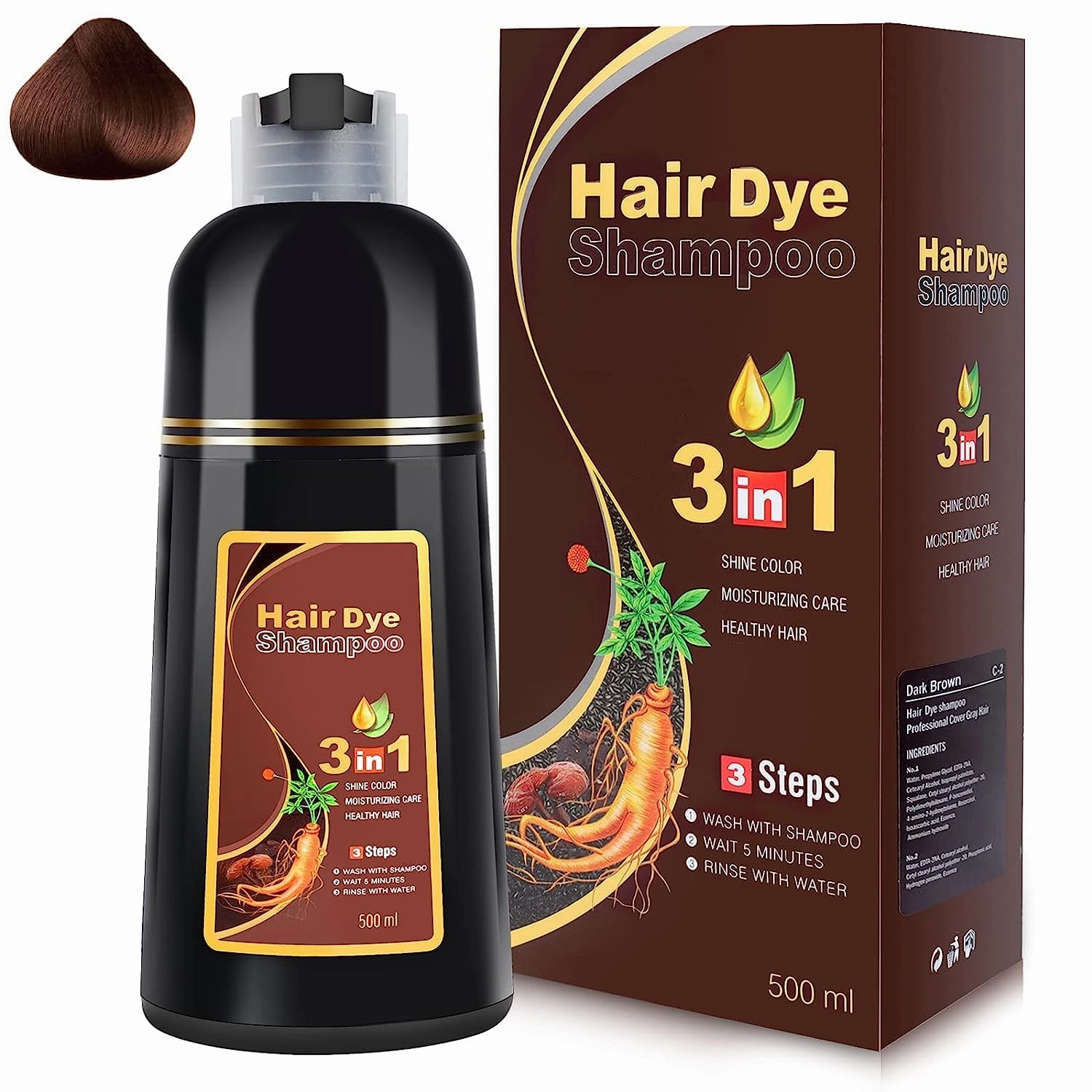 Dark Brown Hair Dye Shampoo 3 in 1, Instant Hair Color Shampoo for Women Men, Herbal Ingredients Coloring in Minutes 500ML